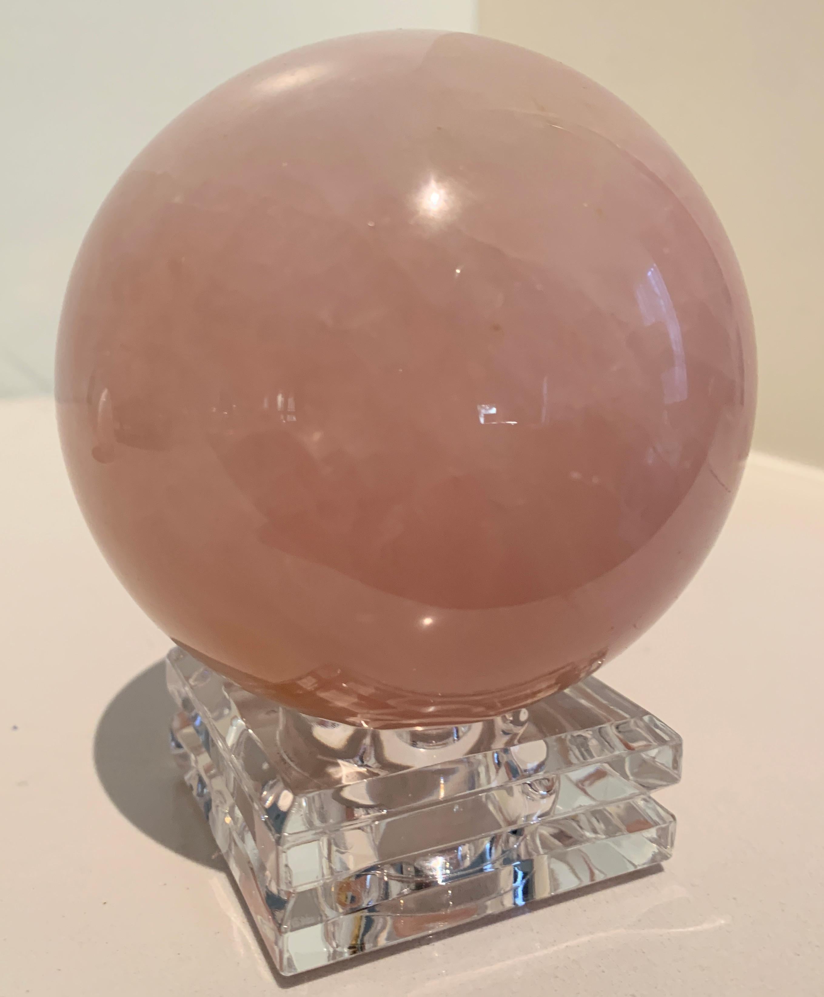 Pink Rock Crystal Sphere Paper Weight on Stand In Good Condition In Los Angeles, CA