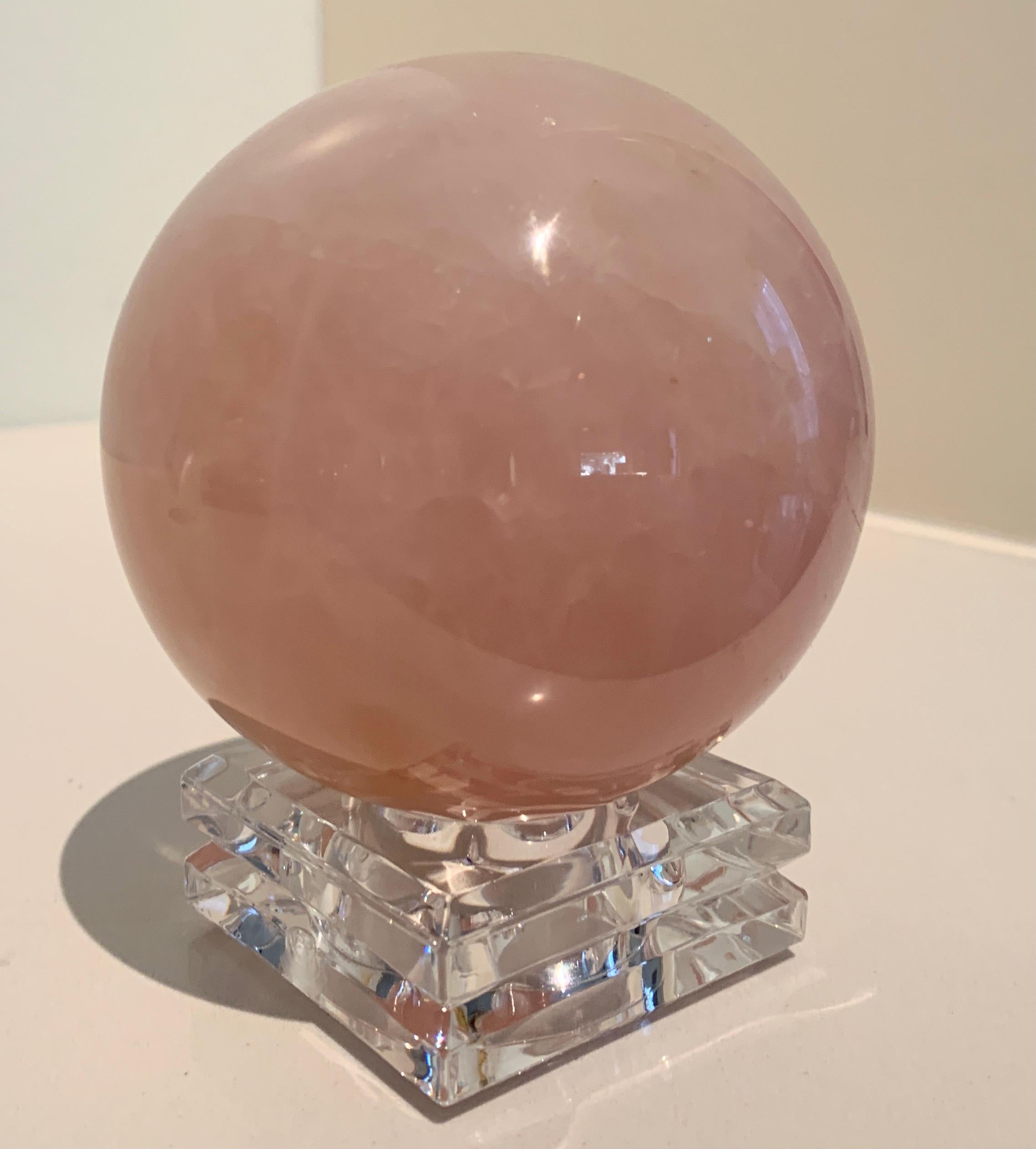 20th Century Pink Rock Crystal Sphere Paper Weight on Stand