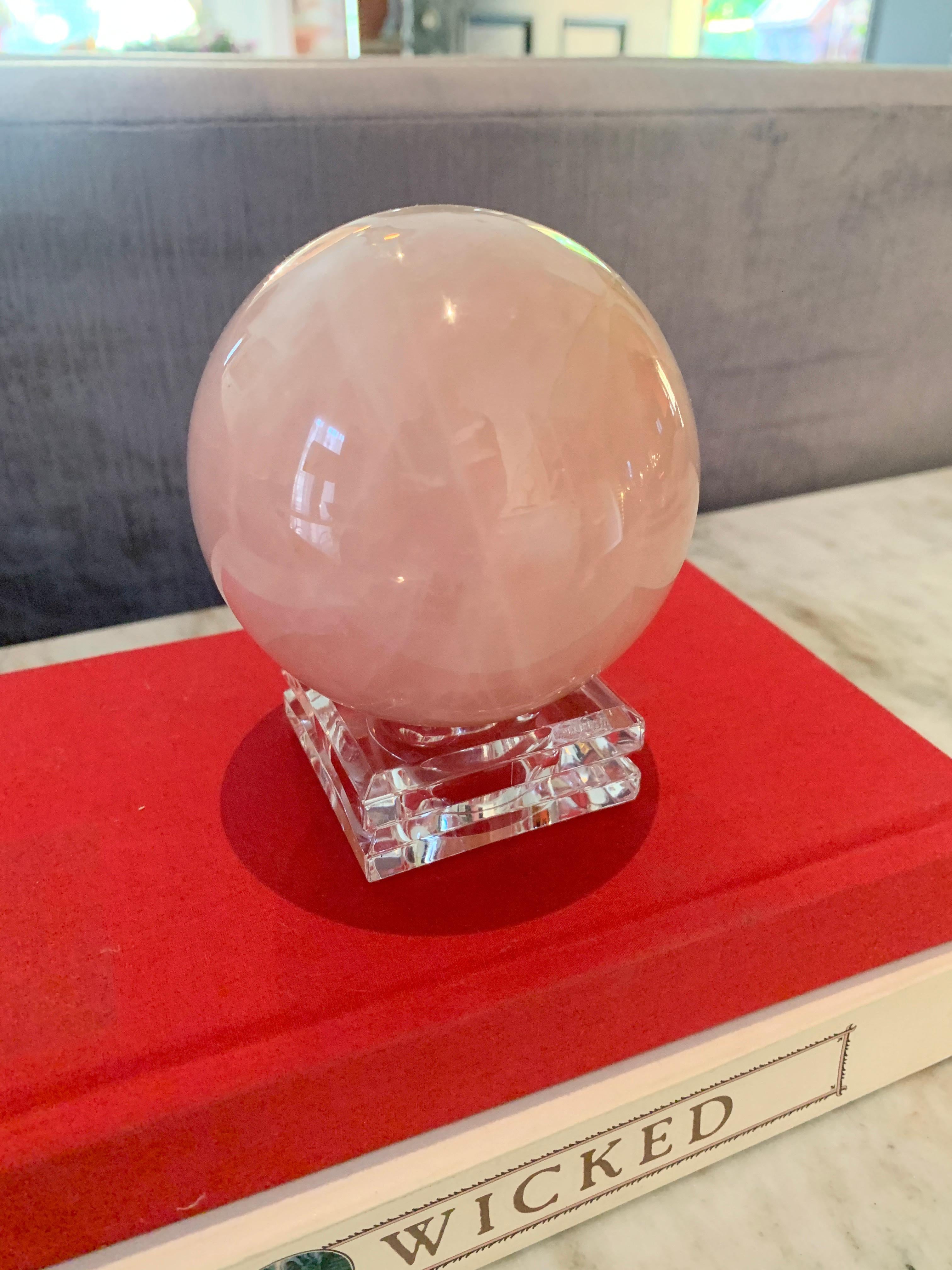 Pink Rock Crystal Sphere Paper Weight on Stand 4