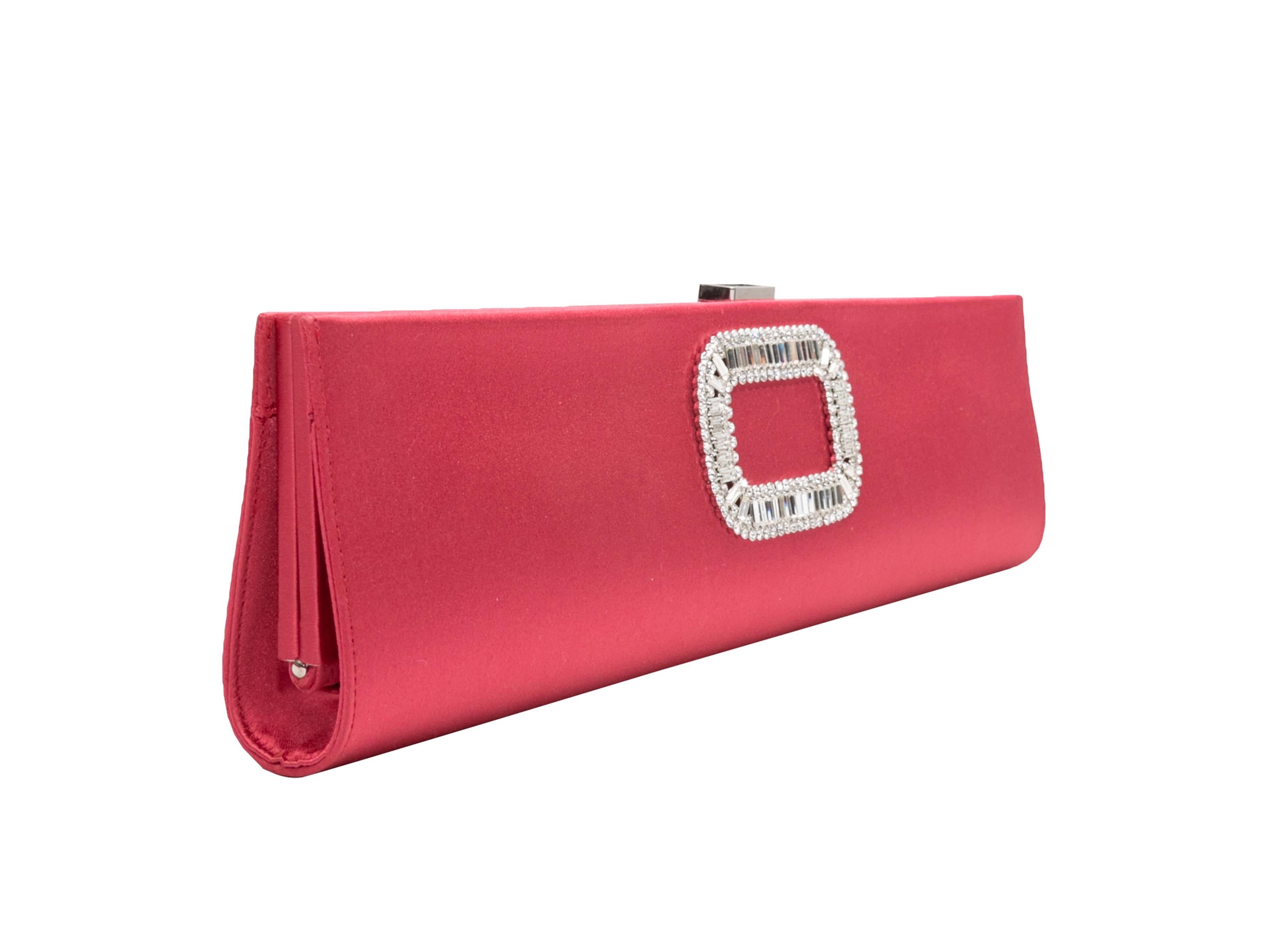 Pink Roger Vivier Satin Crystal-Embellished Clutch. This clutch features a satin body, silver-tone hardware, a Strass crystal-embellished buckle adornment at front, and a top clasp closure. 13