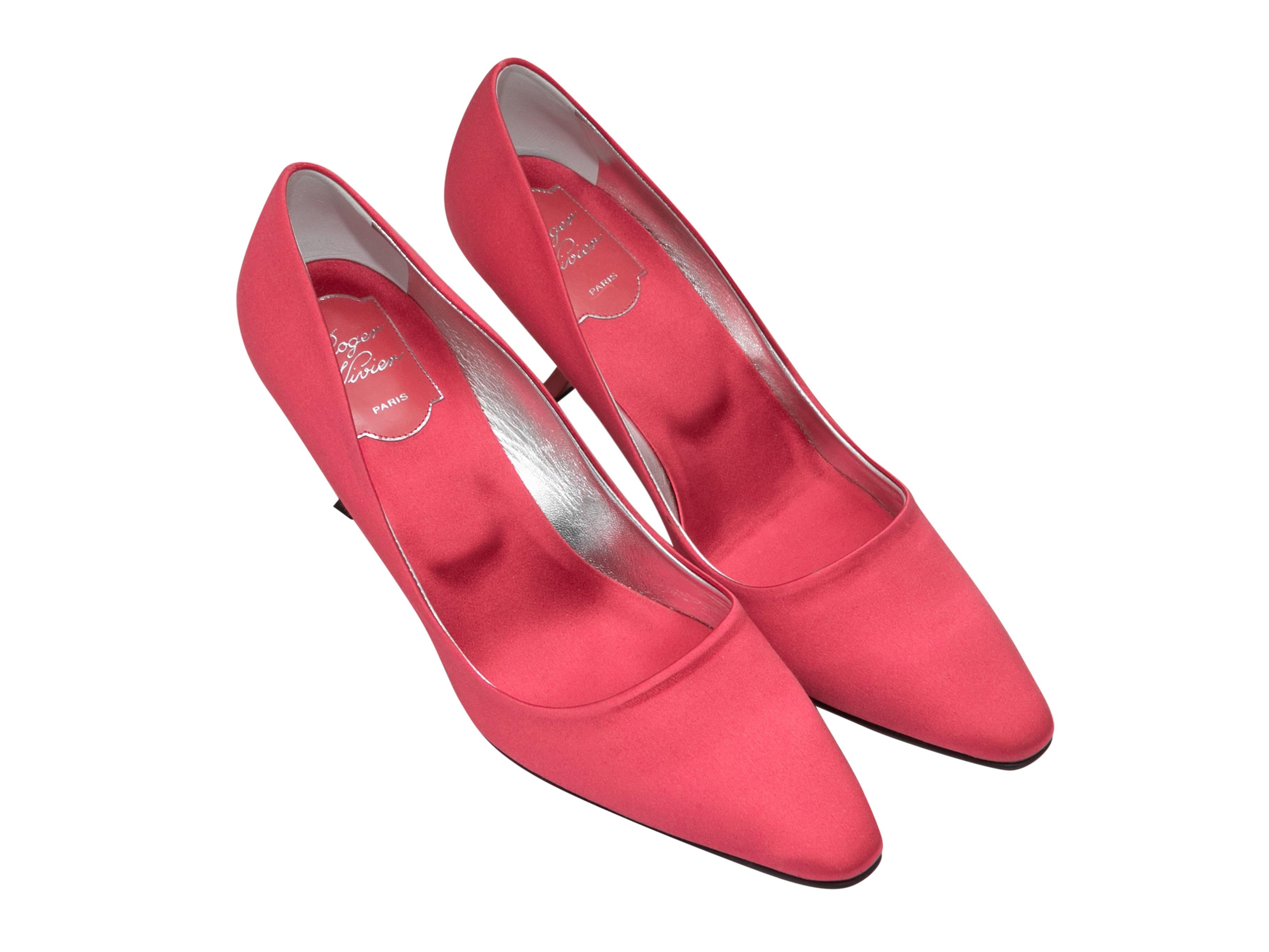 Pink satin pointed-toe pumps by Roger Vivier. Comma heels. 3