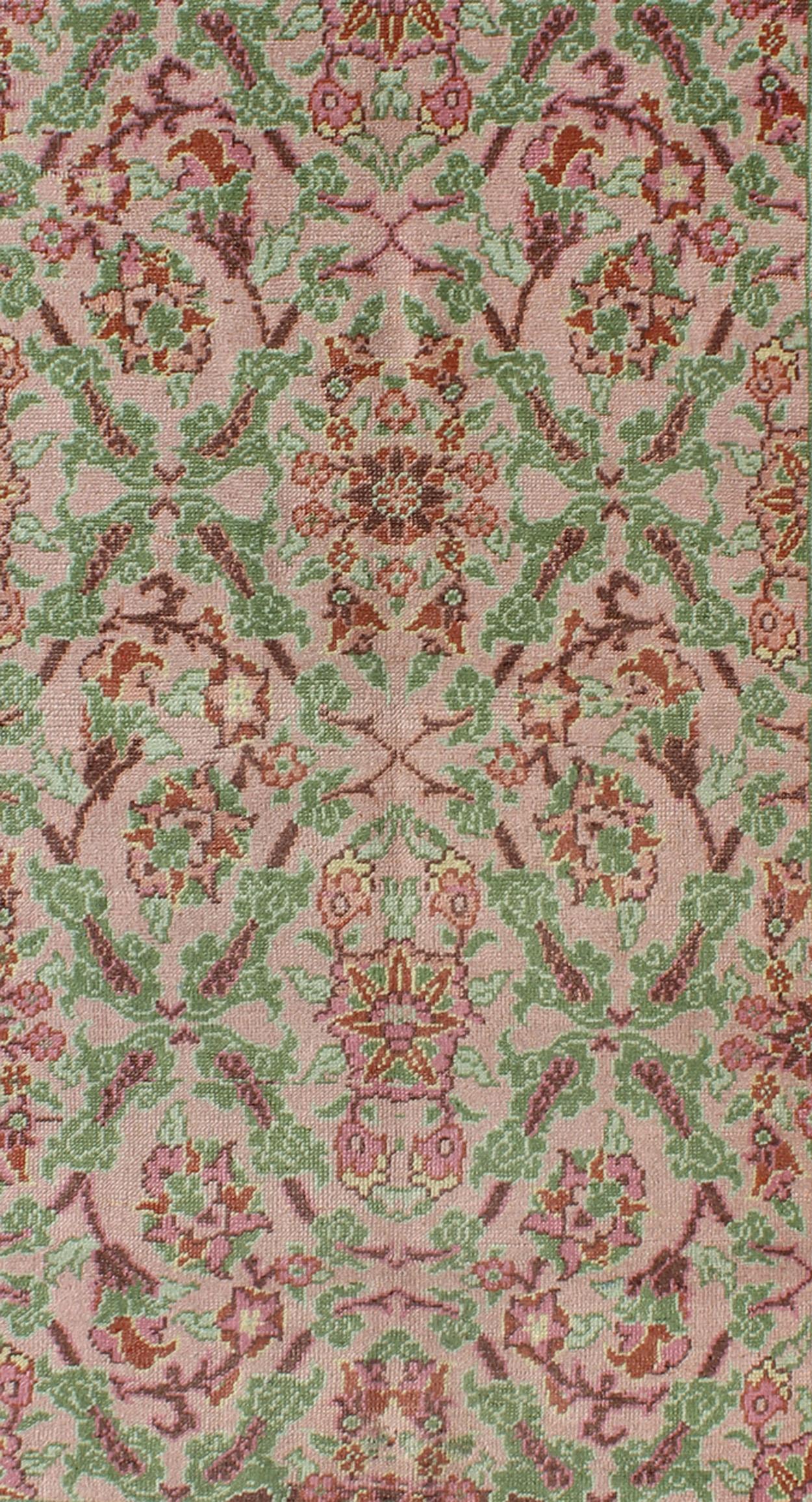 Pink, Rose, and Green Floral Design Midcentury Vintage Turkish Oushak Area Rug In Good Condition For Sale In Atlanta, GA
