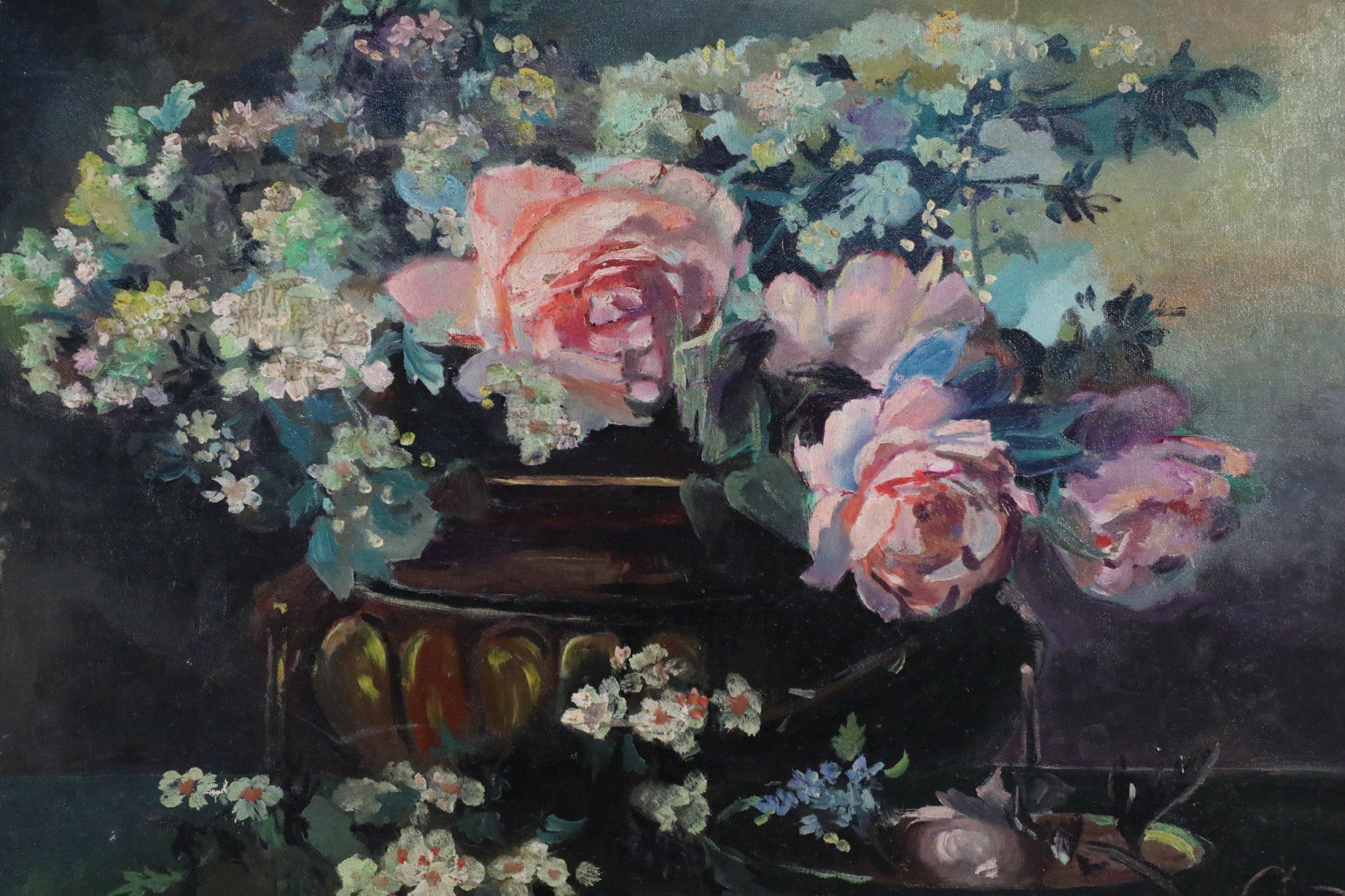 Vintage (20th Century) still life painting softly capturing a pastel arrangement of bloomed, pink roses, stemmed blossoms and green and white hydrangea in a fluted vase, adjacent to a shallow bowl with florals, on unframed, rectangular canvas.
 