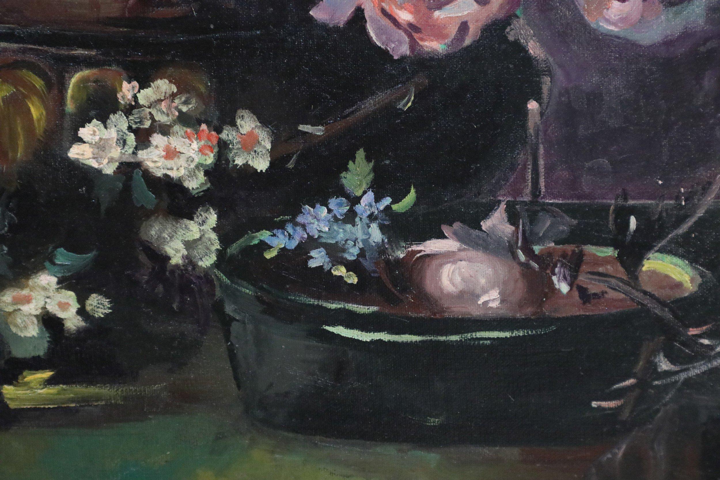 Pintura sobre lienzo Arreglo de rosas rosas y hortensias multicolores Moderno de mediados de siglo en venta