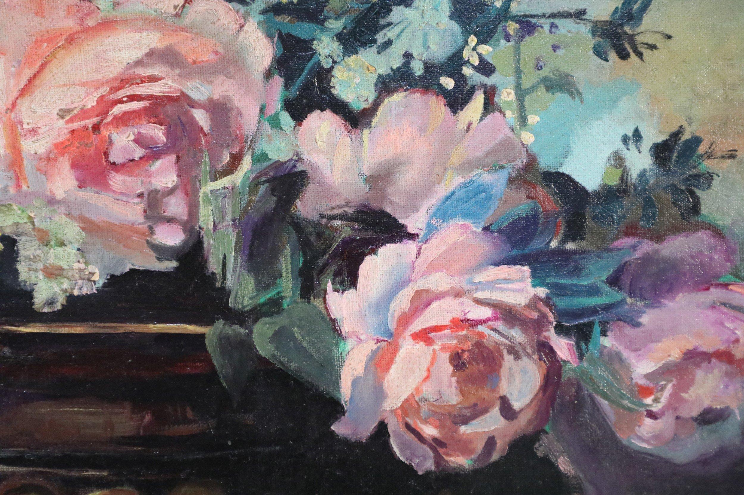 Rosa Rose und mehrfarbiges Hydrangea-Arrangement-Gemälde auf Leinwand (amerikanisch) im Angebot