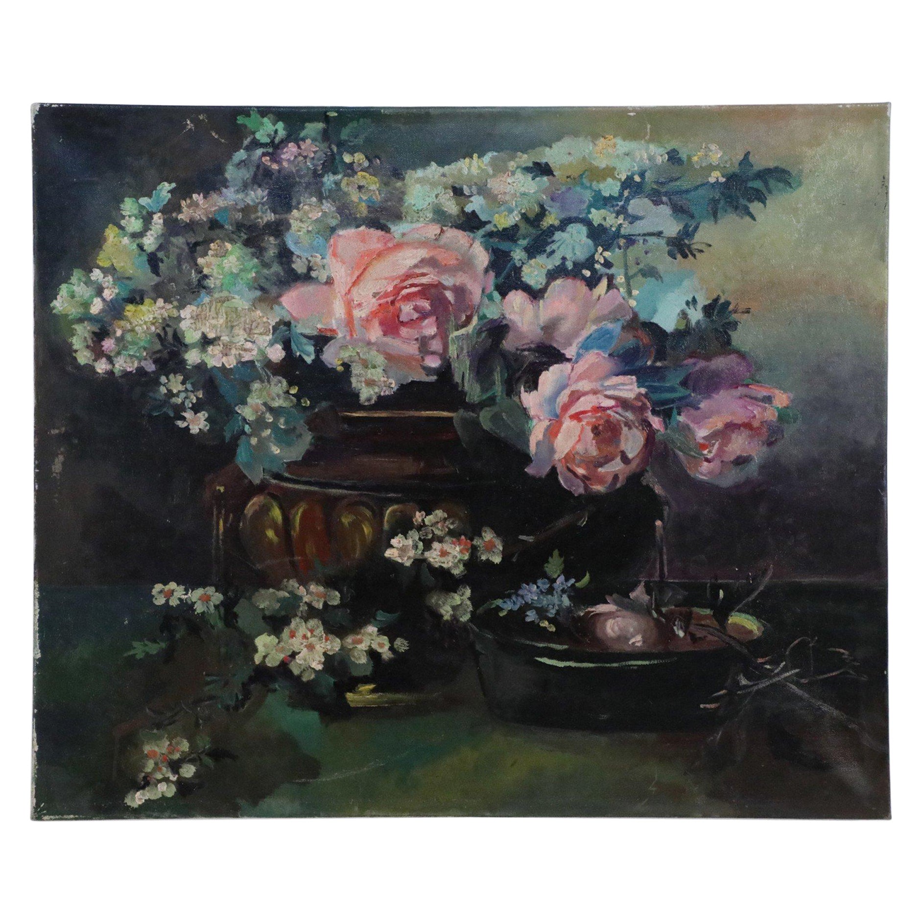 Arrangement de roses roses et d'hortensias multicolores Peinture sur toile