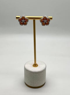 Pink Rose Opal Flower Floral Motif Diamond Pave Halo 14K White Gold Earrings