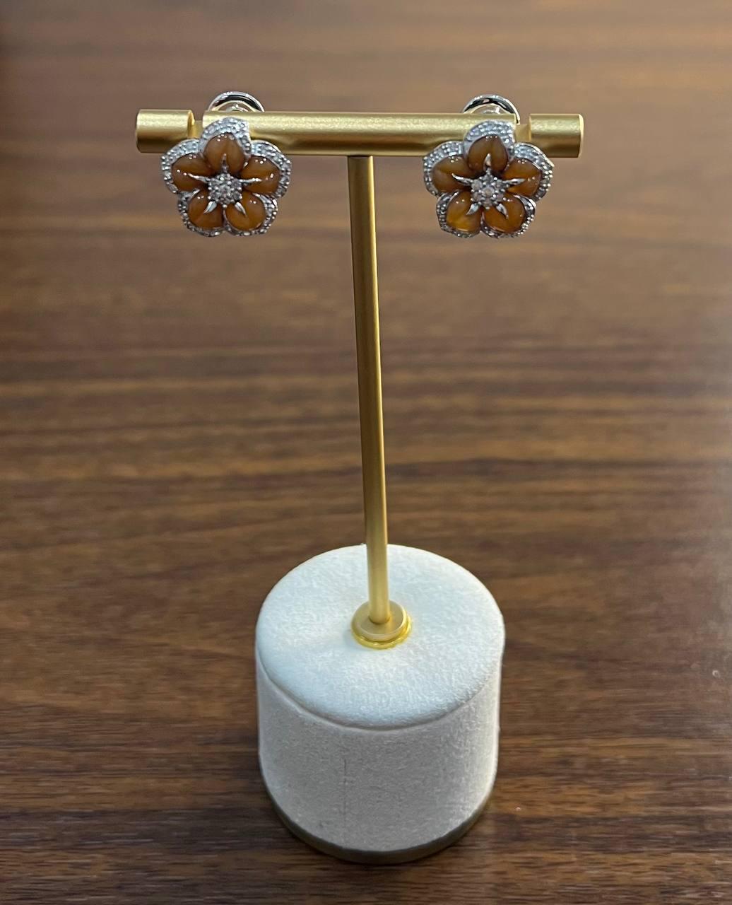 Pink Rose Opal Flower Floral Motif Diamond Pave Halo 14K White Gold Earrings For Sale 1