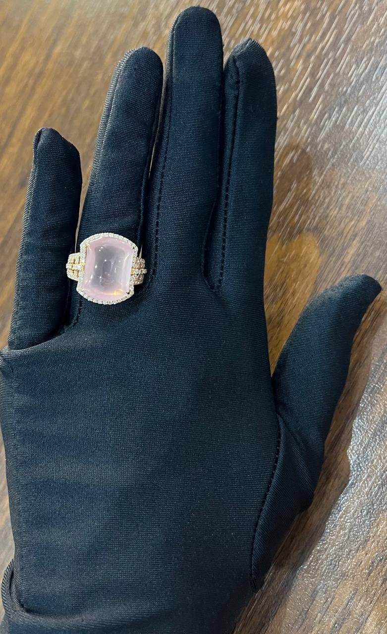 Pink Rose Quartz Cabochon Diamond Halo 18K Rose Gold Cocktail Unique Ring For Sale 6