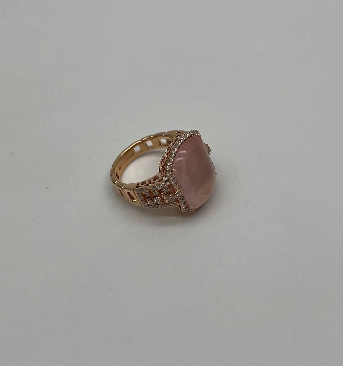 Pink Rose Quartz Cabochon Diamond Halo 18K Rose Gold Cocktail Unique Ring In New Condition For Sale In Oakton, VA
