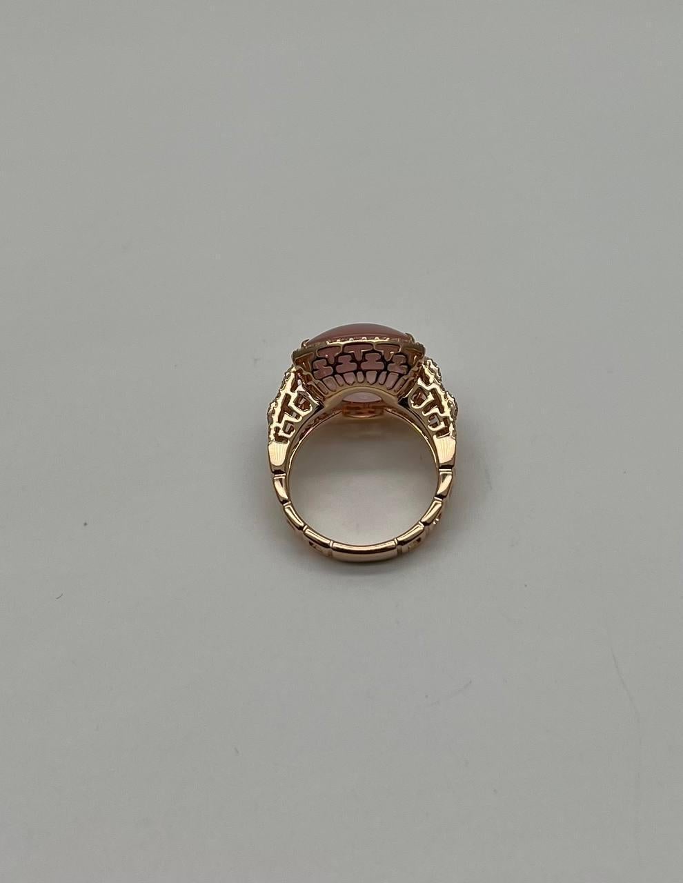 Women's Pink Rose Quartz Cabochon Diamond Halo 18K Rose Gold Cocktail Unique Ring For Sale