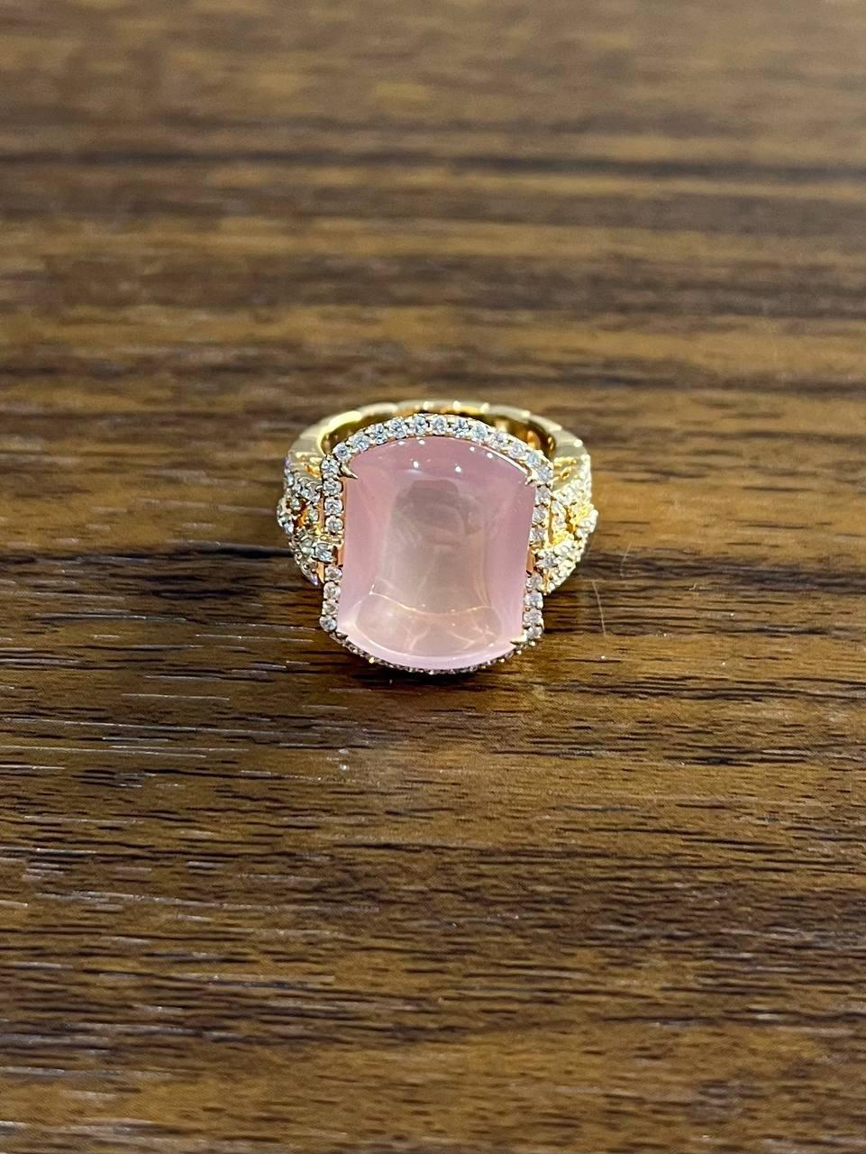 Pink Rose Quartz Cabochon Diamond Halo 18K Rose Gold Cocktail Unique Ring For Sale 1