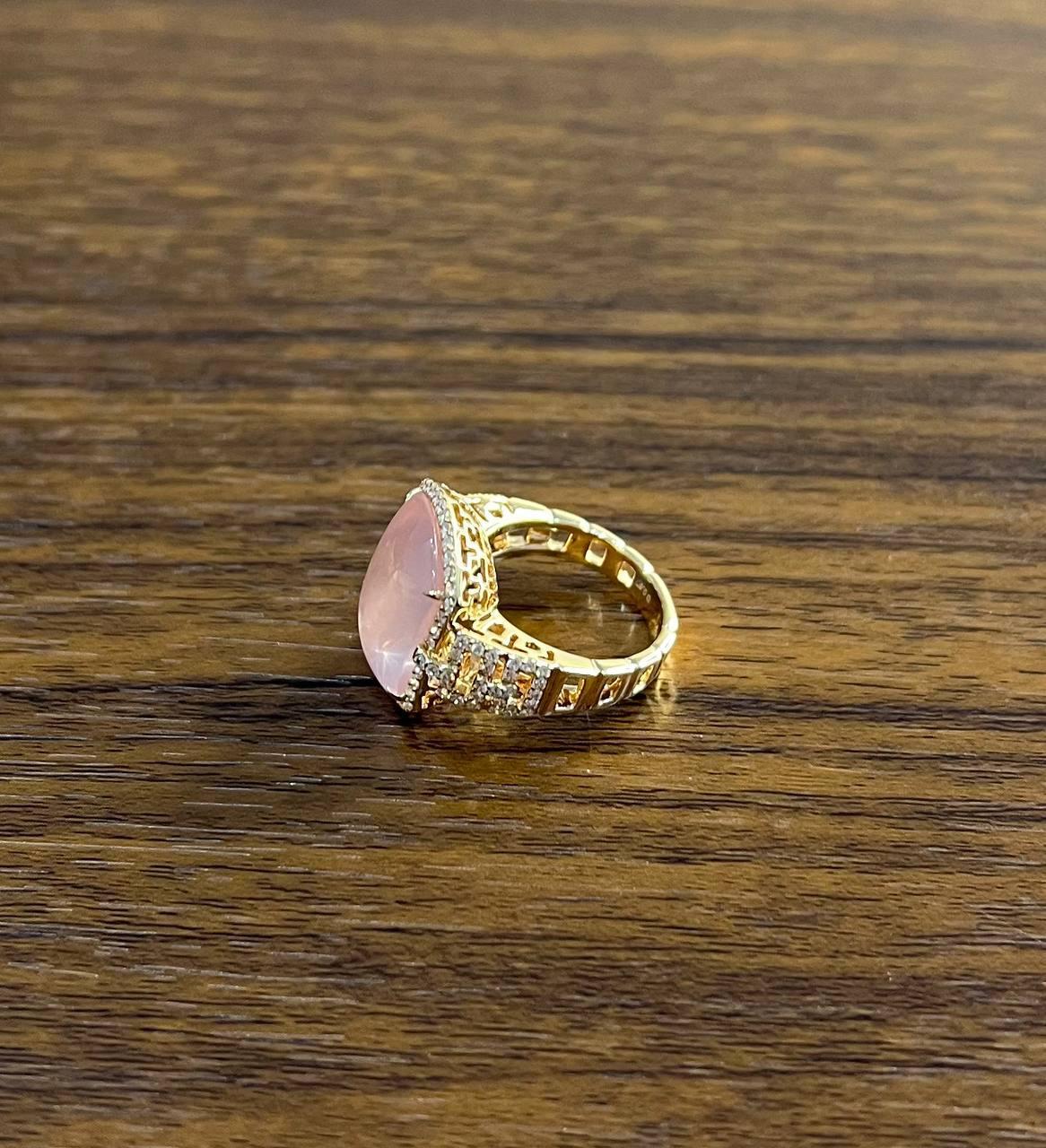 Pink Rose Quartz Cabochon Diamond Halo 18K Rose Gold Cocktail Unique Ring For Sale 2