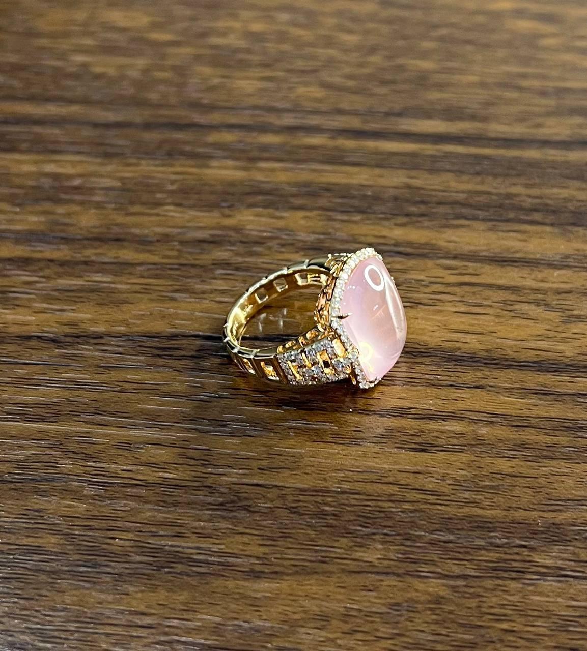 Pink Rose Quartz Cabochon Diamond Halo 18K Rose Gold Cocktail Unique Ring For Sale 3