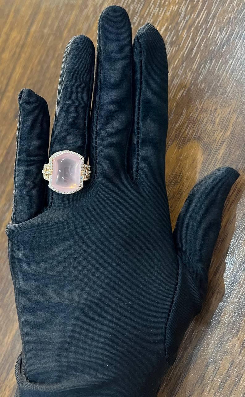 Pink Rose Quartz Cabochon Diamond Halo 18K Rose Gold Cocktail Unique Ring For Sale 5