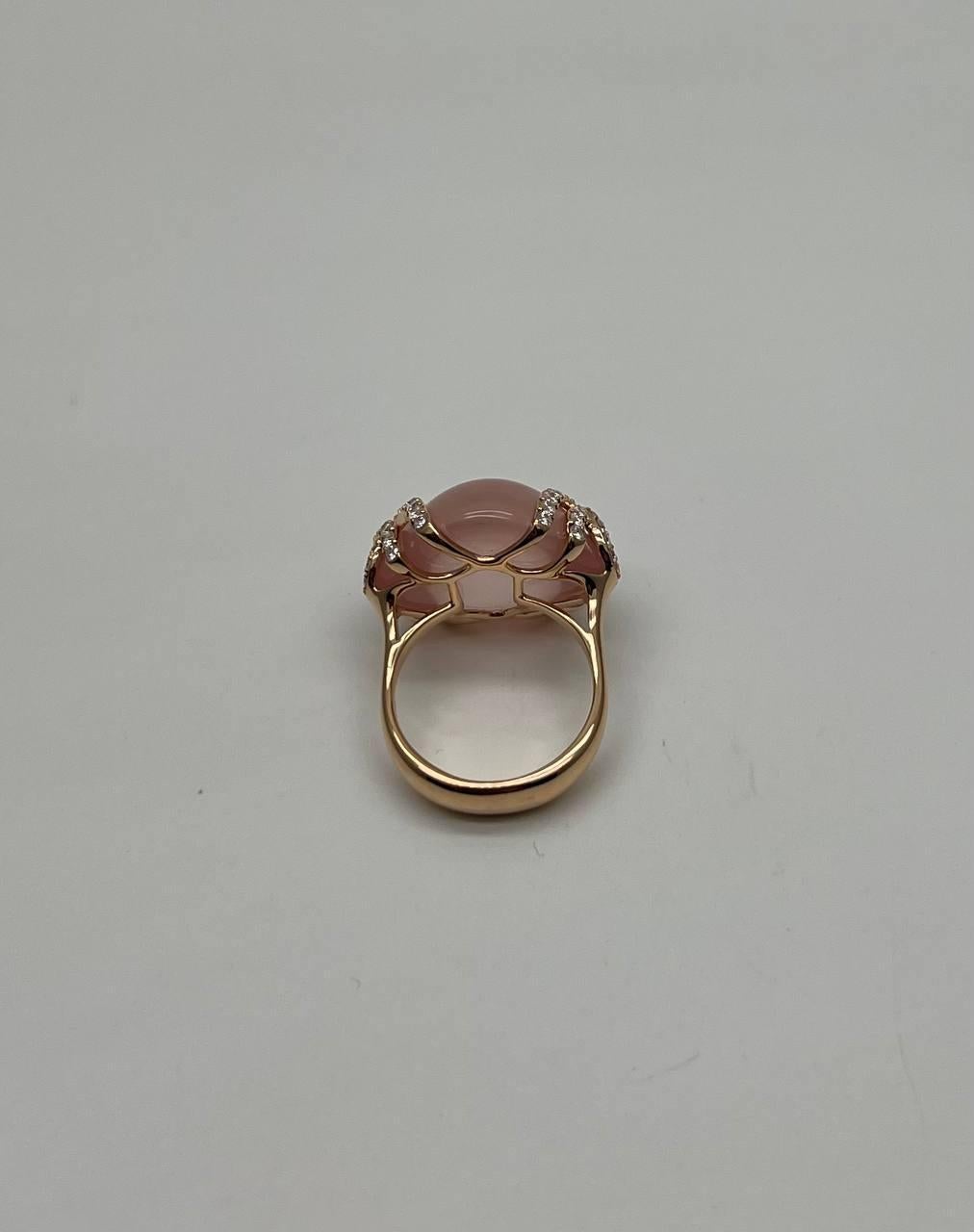 Pink Rose Quartz Cabochon Diamond Waves 14K Rose Gold Cocktail Ring In New Condition For Sale In Oakton, VA
