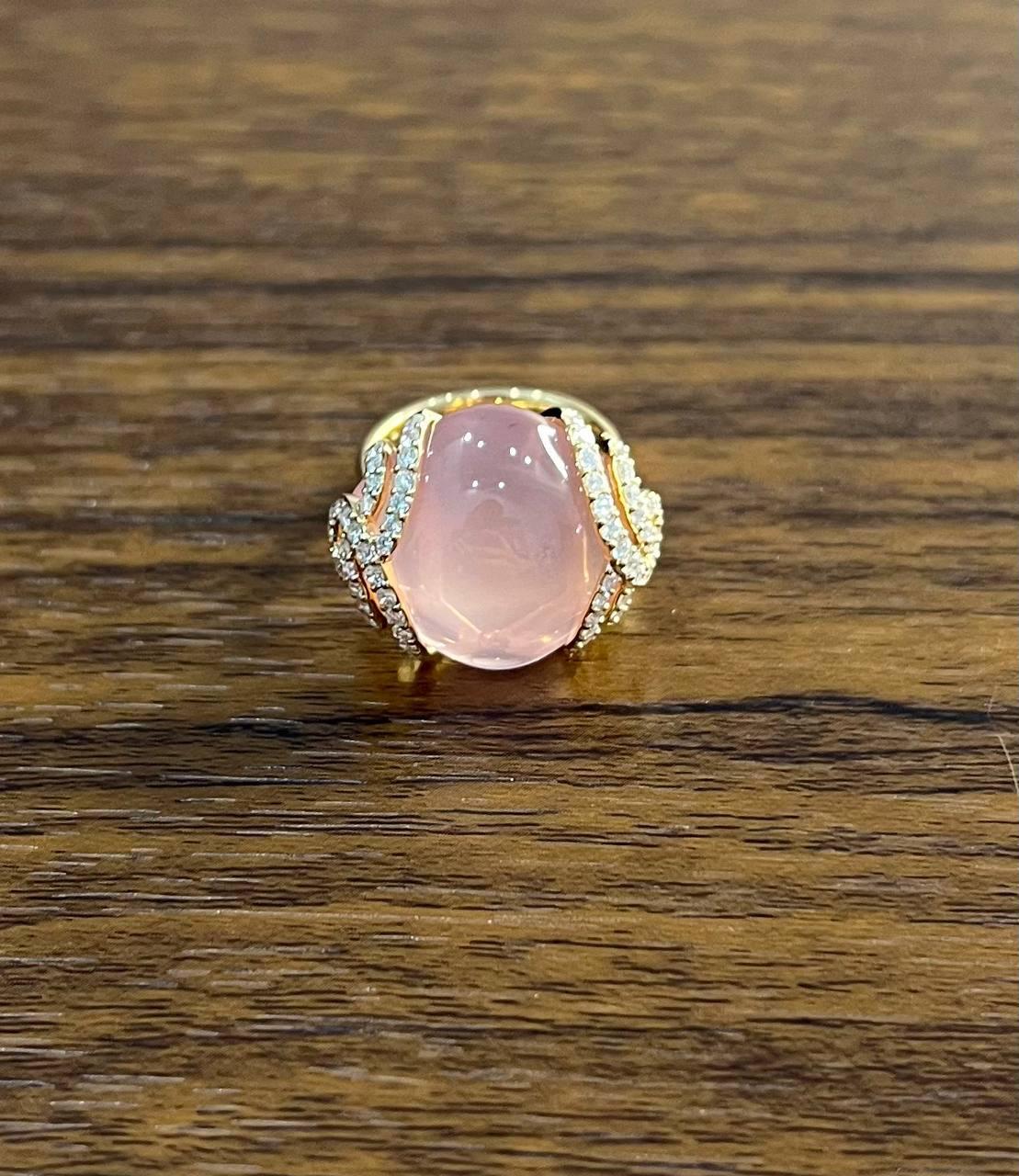 Women's Pink Rose Quartz Cabochon Diamond Waves 14K Rose Gold Cocktail Ring For Sale