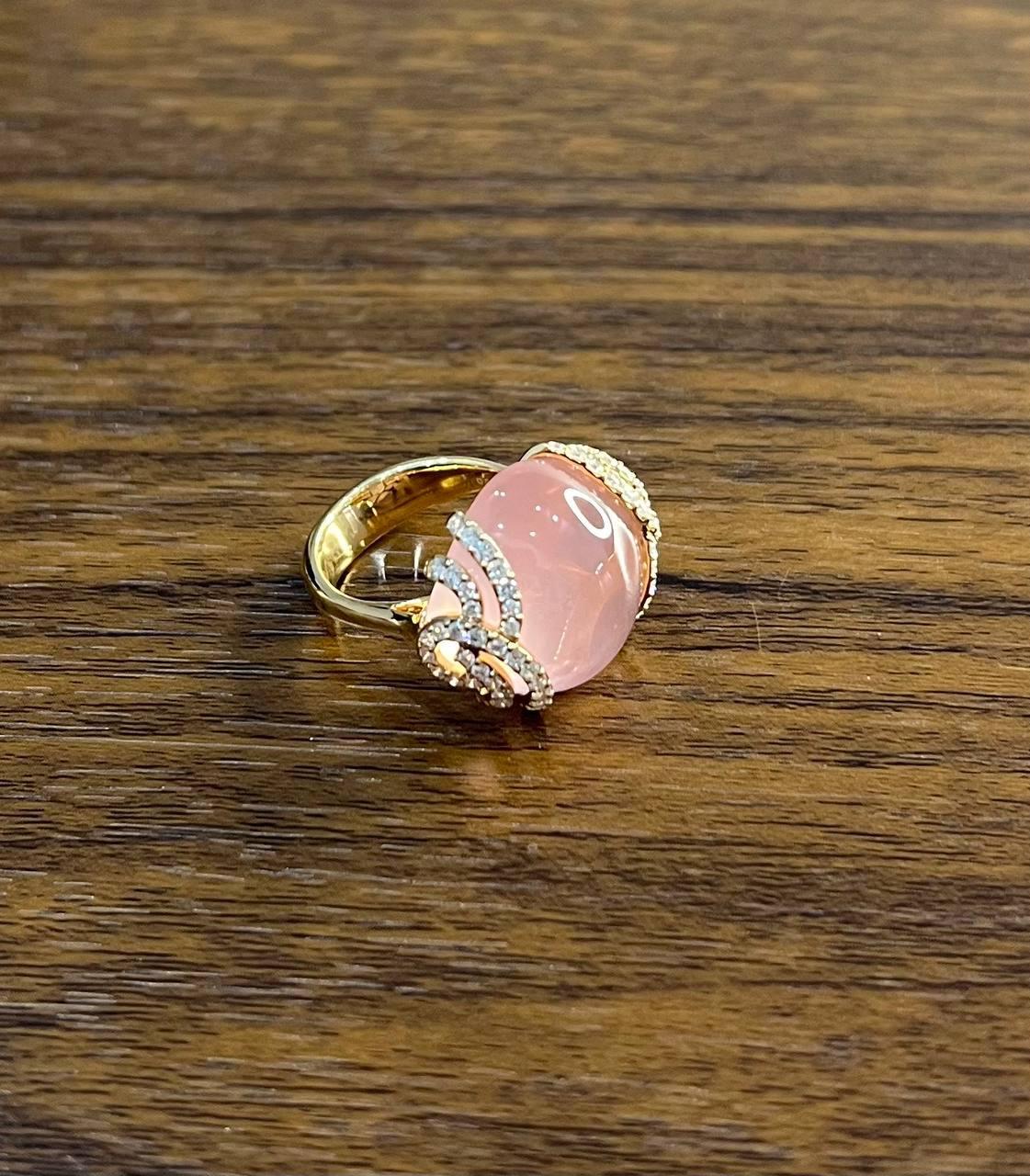 Pink Rose Quartz Cabochon Diamond Waves 14K Rose Gold Cocktail Ring For Sale 1