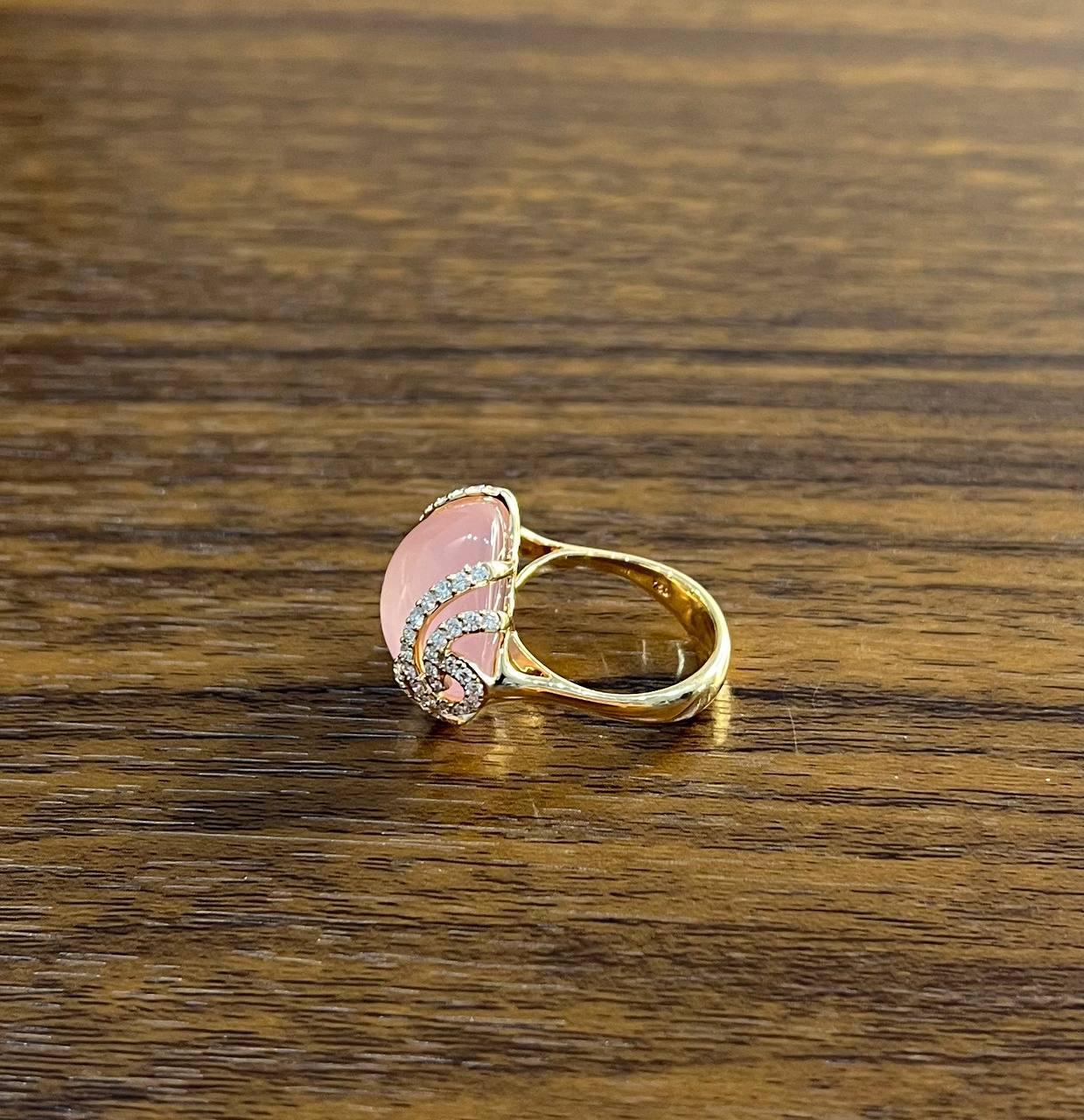 Pink Rose Quartz Cabochon Diamond Waves 14K Rose Gold Cocktail Ring For Sale 2
