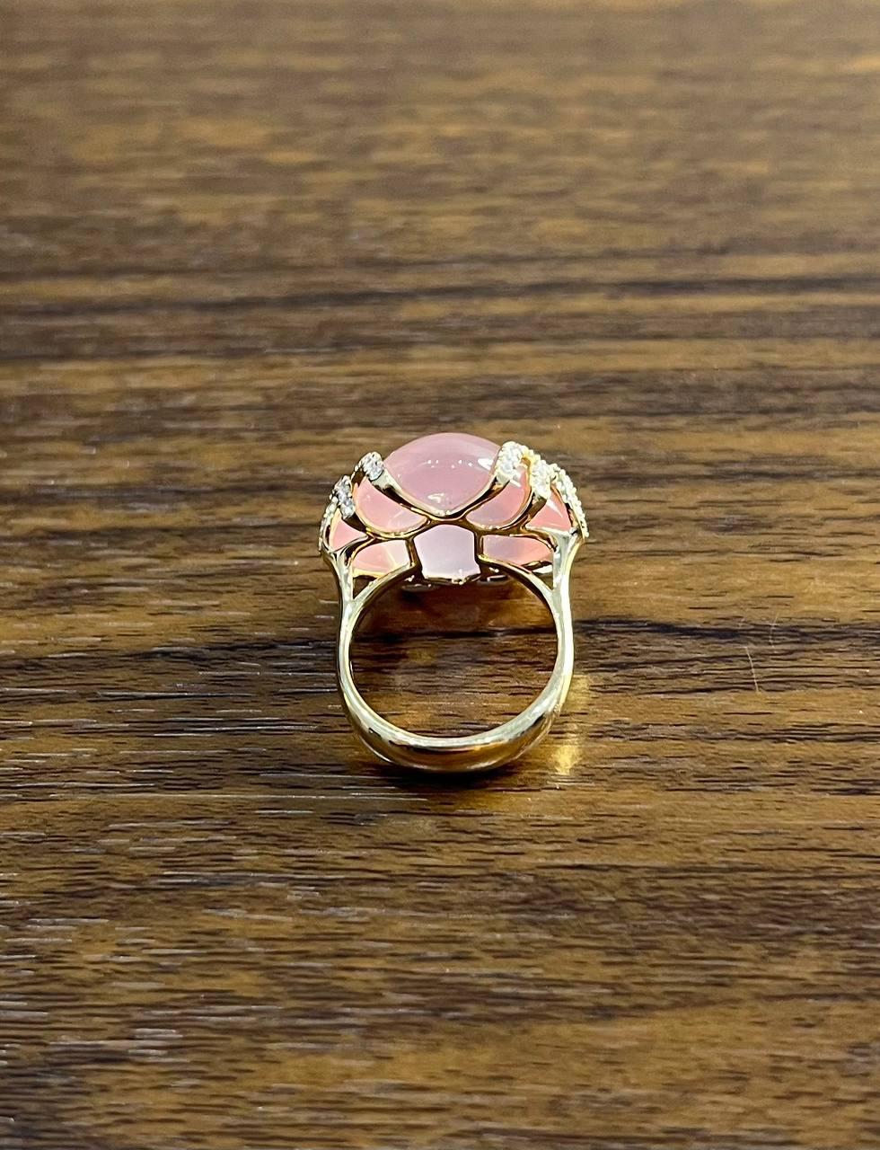 Pink Rose Quartz Cabochon Diamond Waves 14K Rose Gold Cocktail Ring For Sale 3