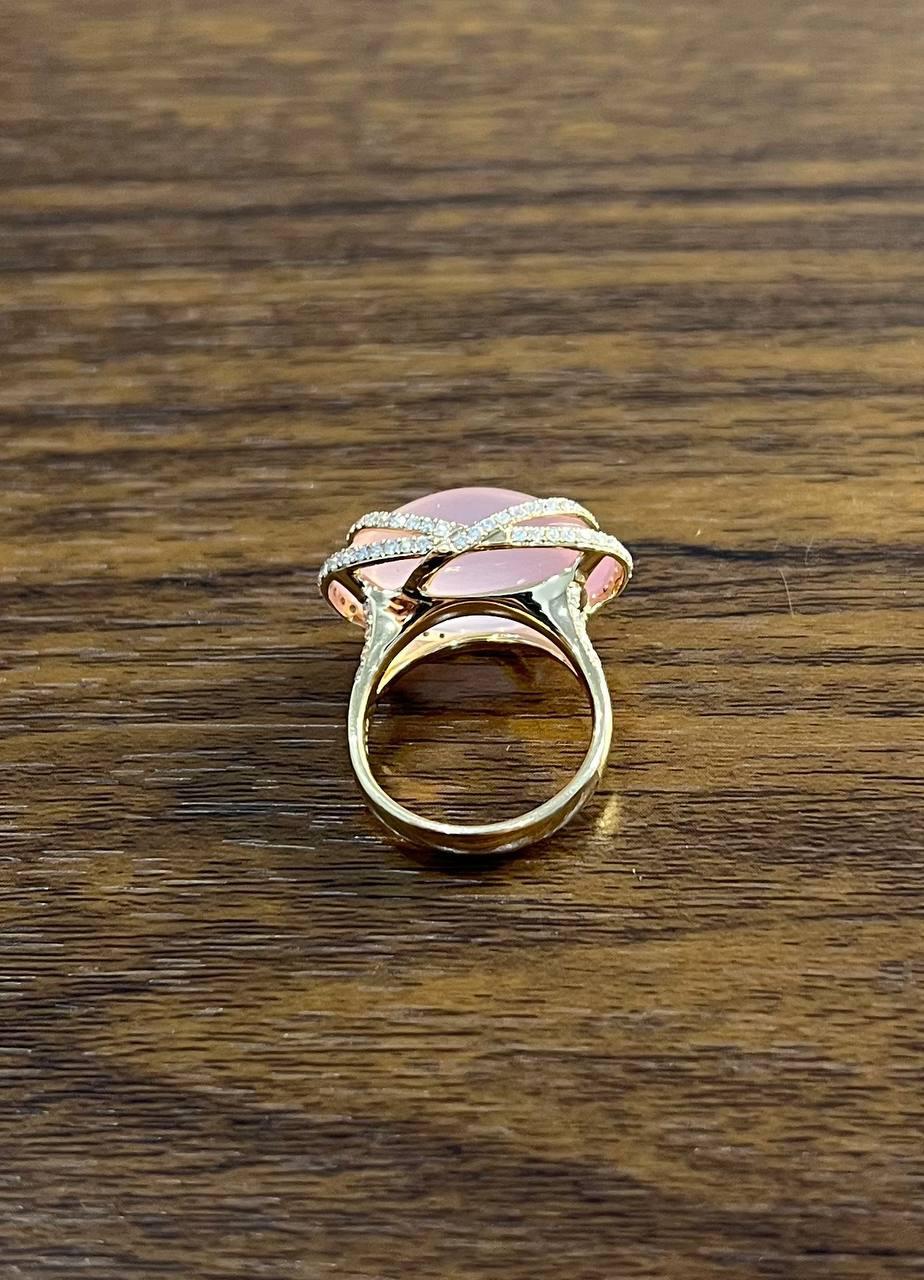 Pink Rose Quartz Fancy Cabochon Diamond Halo Waves 18K Rose Gold Cocktail Ring For Sale 6