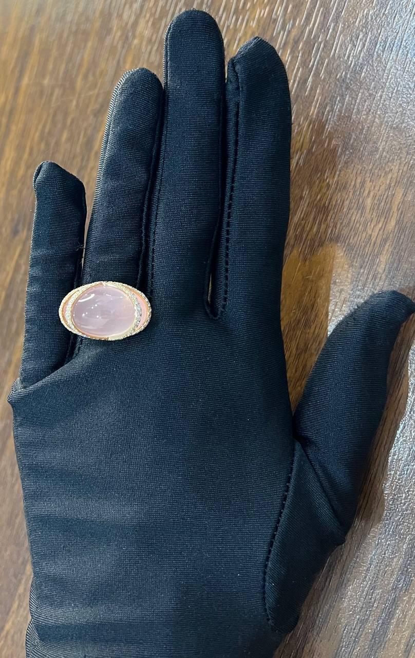 Pink Rose Quartz Fancy Cabochon Diamond Halo Waves 18K Rose Gold Cocktail Ring For Sale 7