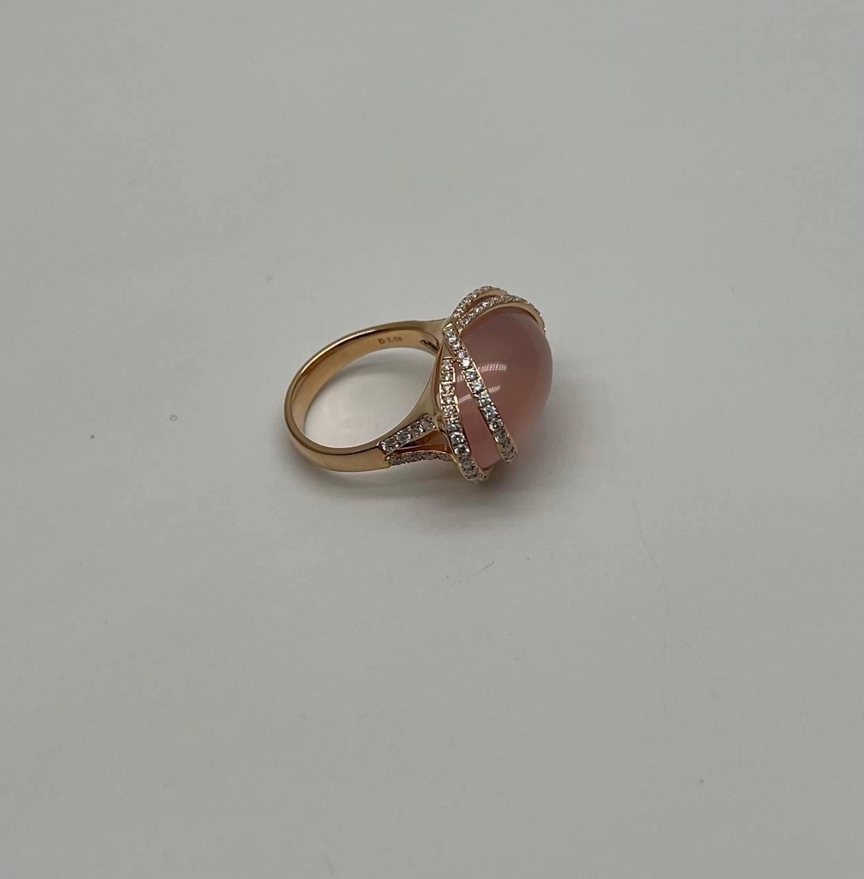 Pink Rose Quartz Fancy Cabochon Diamond Halo Waves 18K Rose Gold Cocktail Ring In New Condition For Sale In Oakton, VA