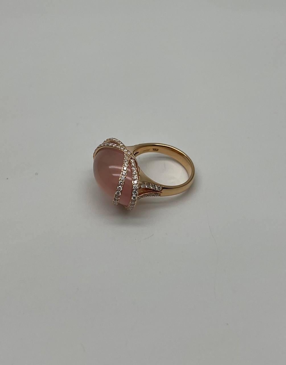 Women's Pink Rose Quartz Fancy Cabochon Diamond Halo Waves 18K Rose Gold Cocktail Ring For Sale