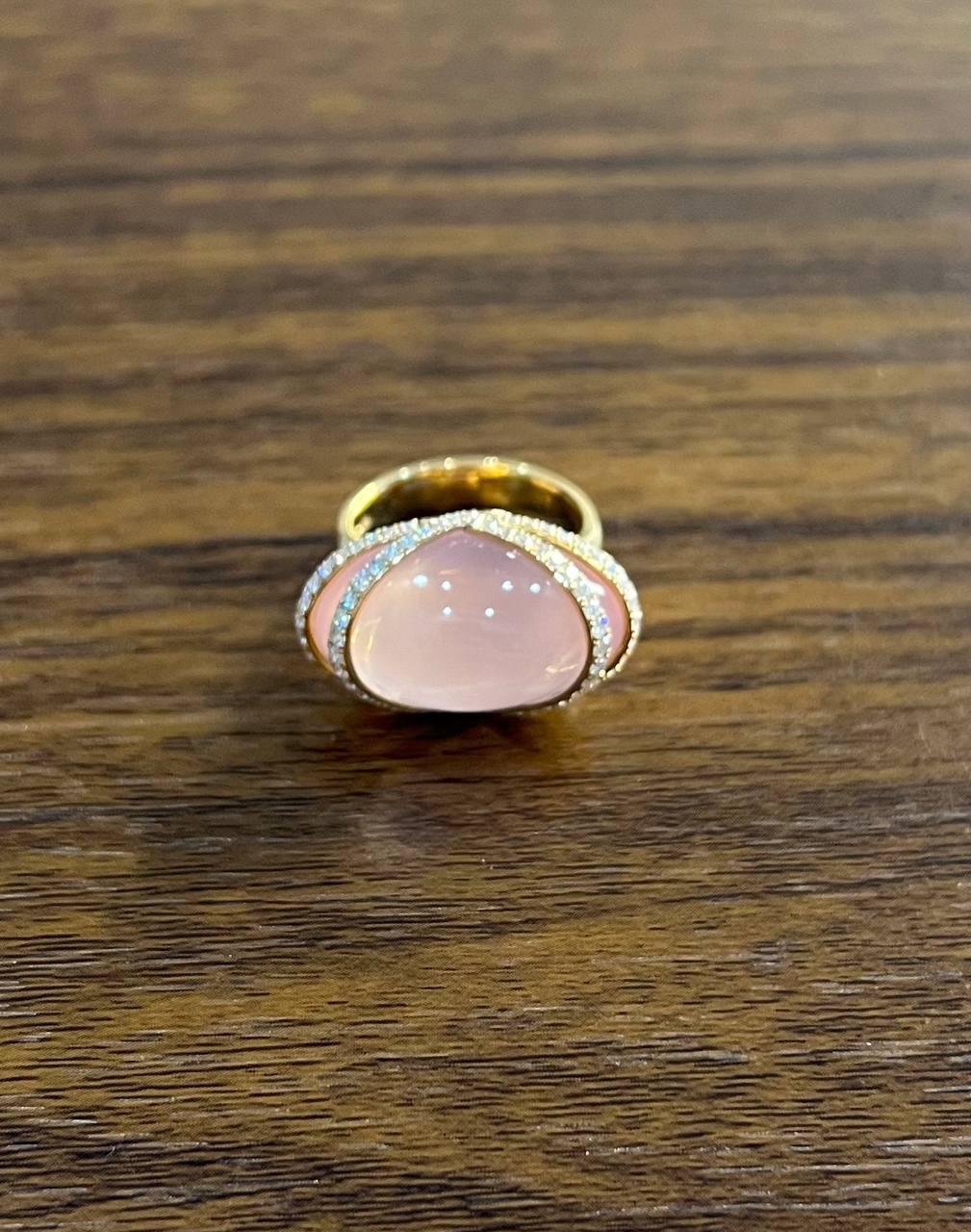 Pink Rose Quartz Fancy Cabochon Diamond Halo Waves 18K Rose Gold Cocktail Ring For Sale 2