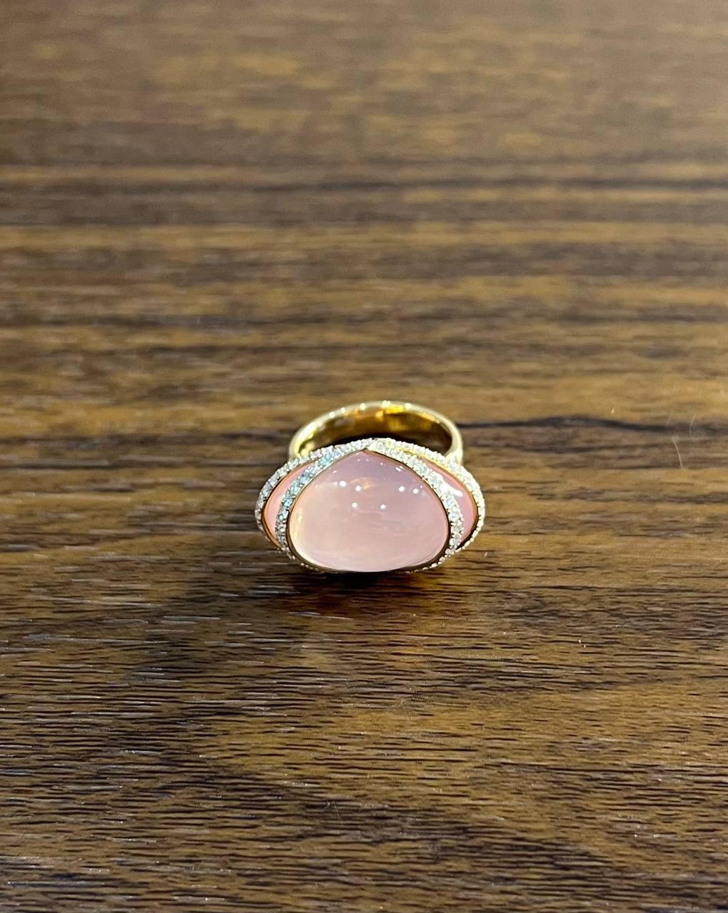 Pink Rose Quartz Fancy Cabochon Diamond Halo Waves 18K Rose Gold Cocktail Ring For Sale 3