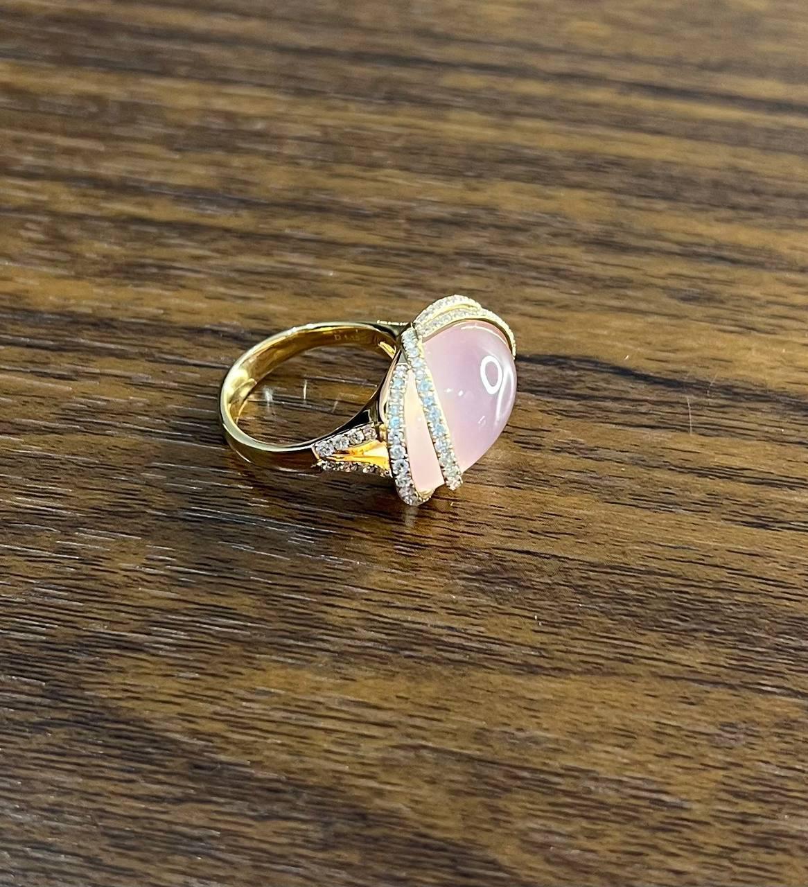 Pink Rose Quartz Fancy Cabochon Diamond Halo Waves 18K Rose Gold Cocktail Ring For Sale 4