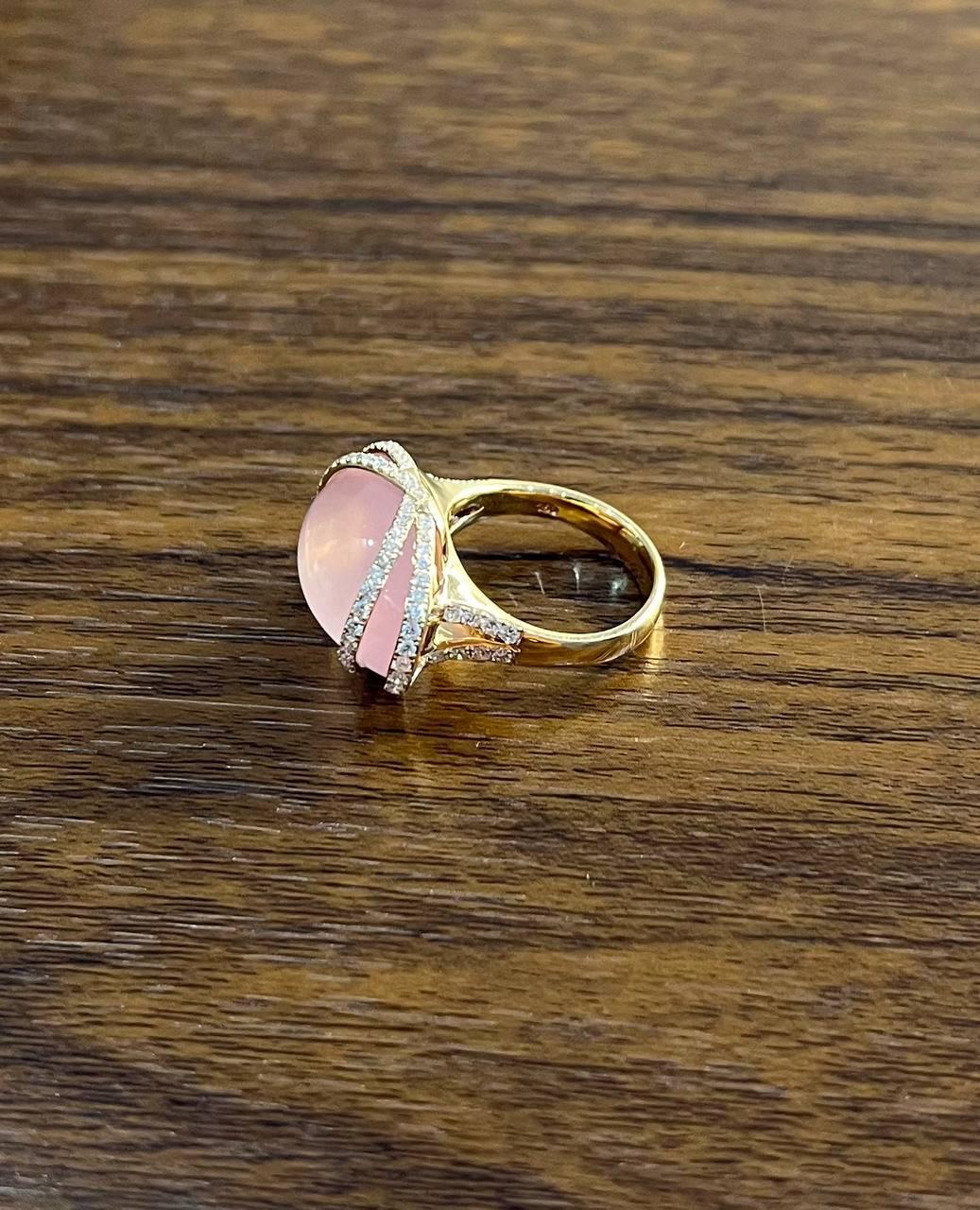 Pink Rose Quartz Fancy Cabochon Diamond Halo Waves 18K Rose Gold Cocktail Ring For Sale 5
