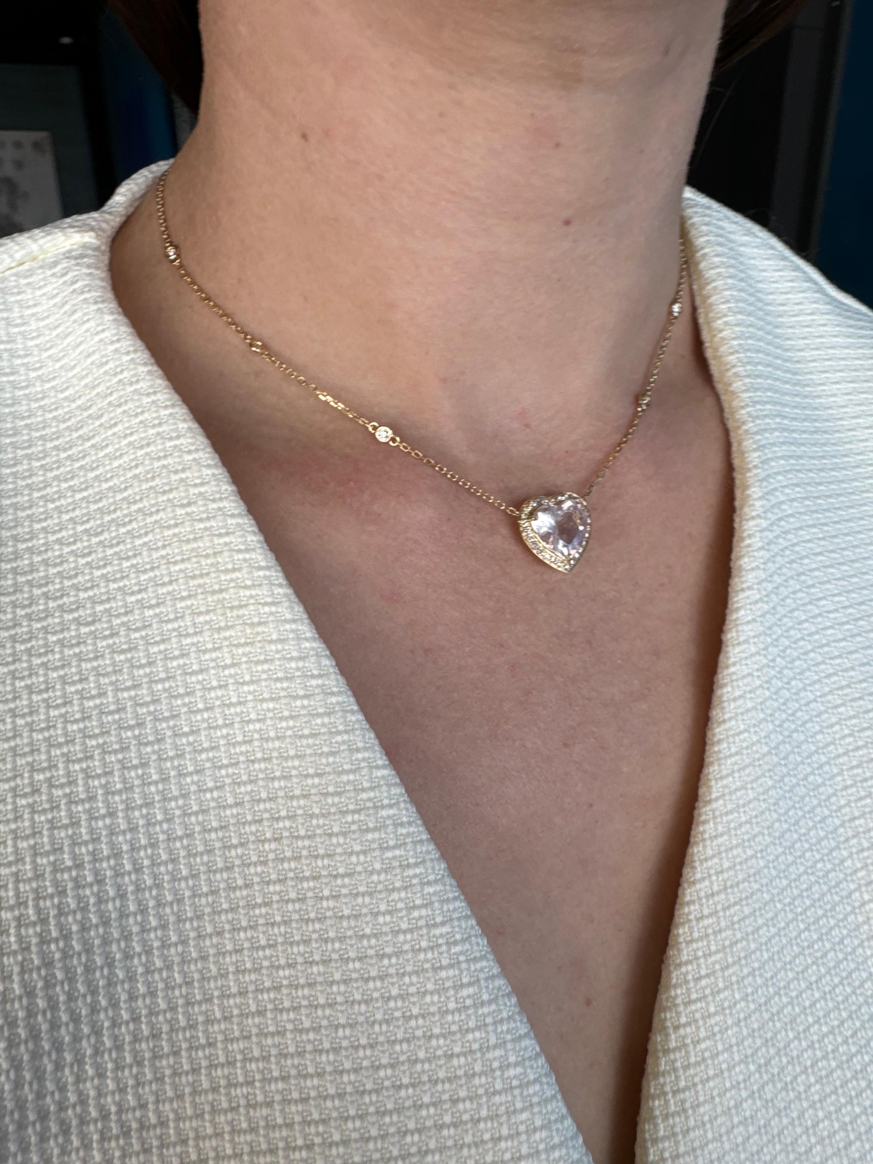 Pink Rose Quartz Heart Shape Cut Diamond Halo 18K Rose Gold Pendant Necklace For Sale 4