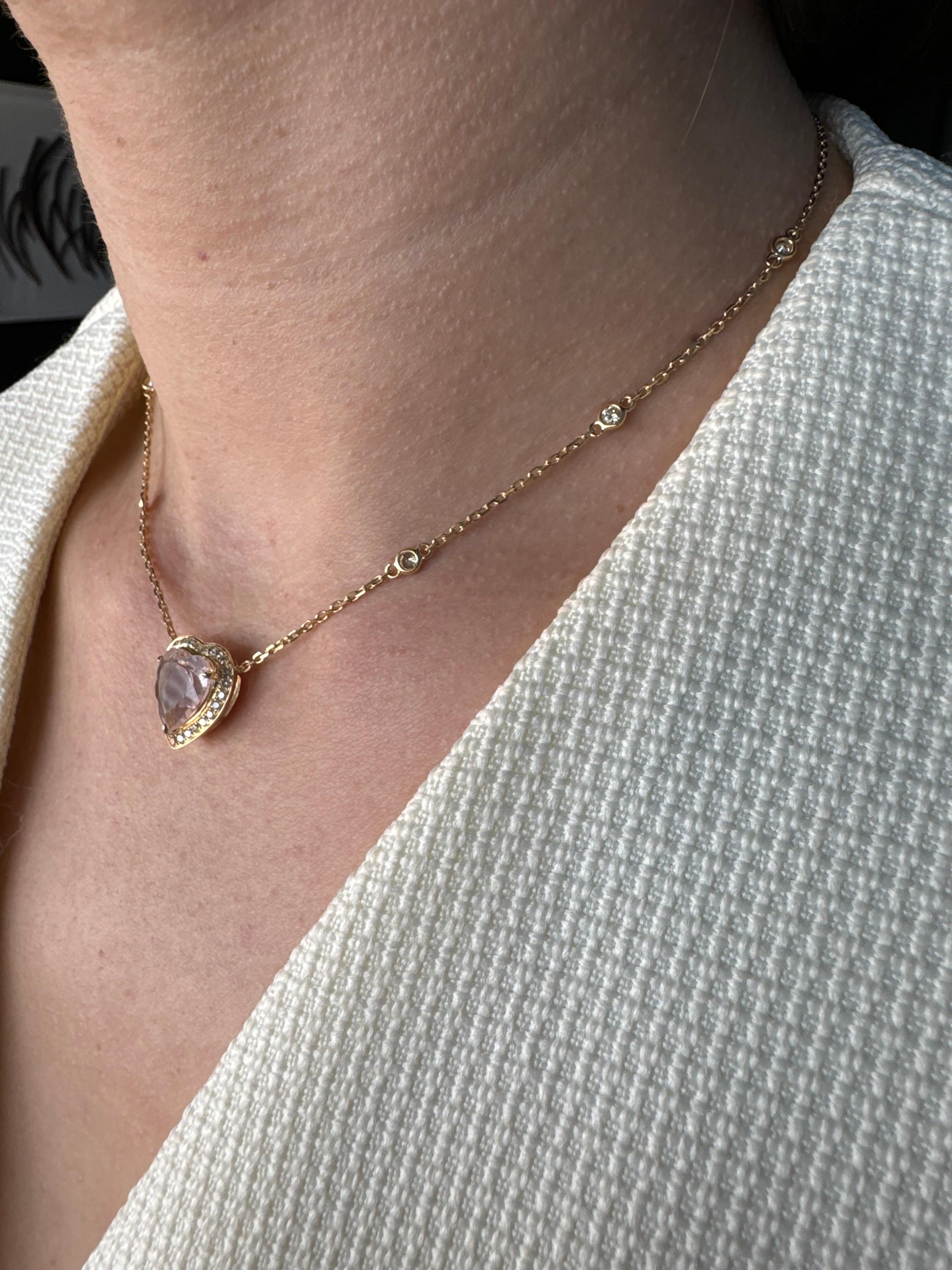 Pink Rose Quartz Heart Shape Cut Diamond Halo 18K Rose Gold Pendant Necklace For Sale 5