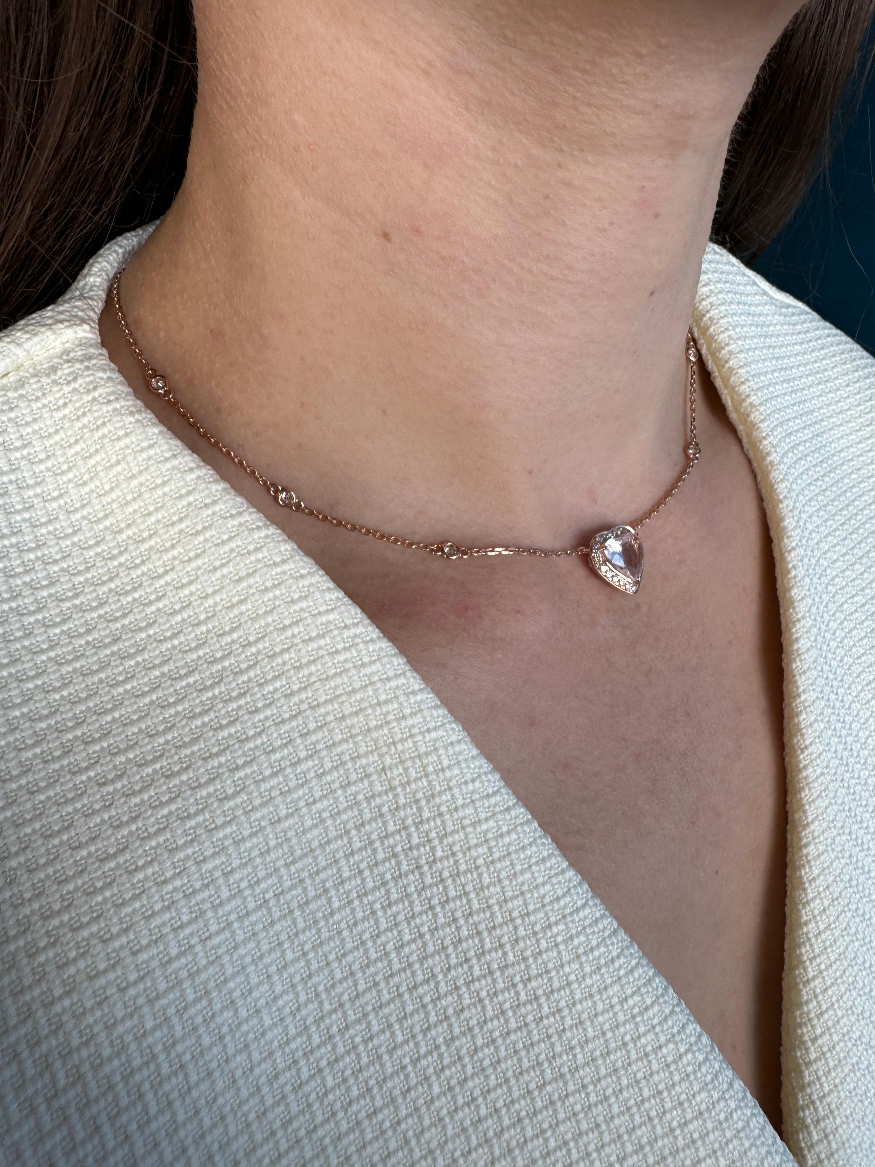Pink Rose Quartz Heart Shape Cut Diamond Halo 18K Rose Gold Pendant Necklace For Sale 6
