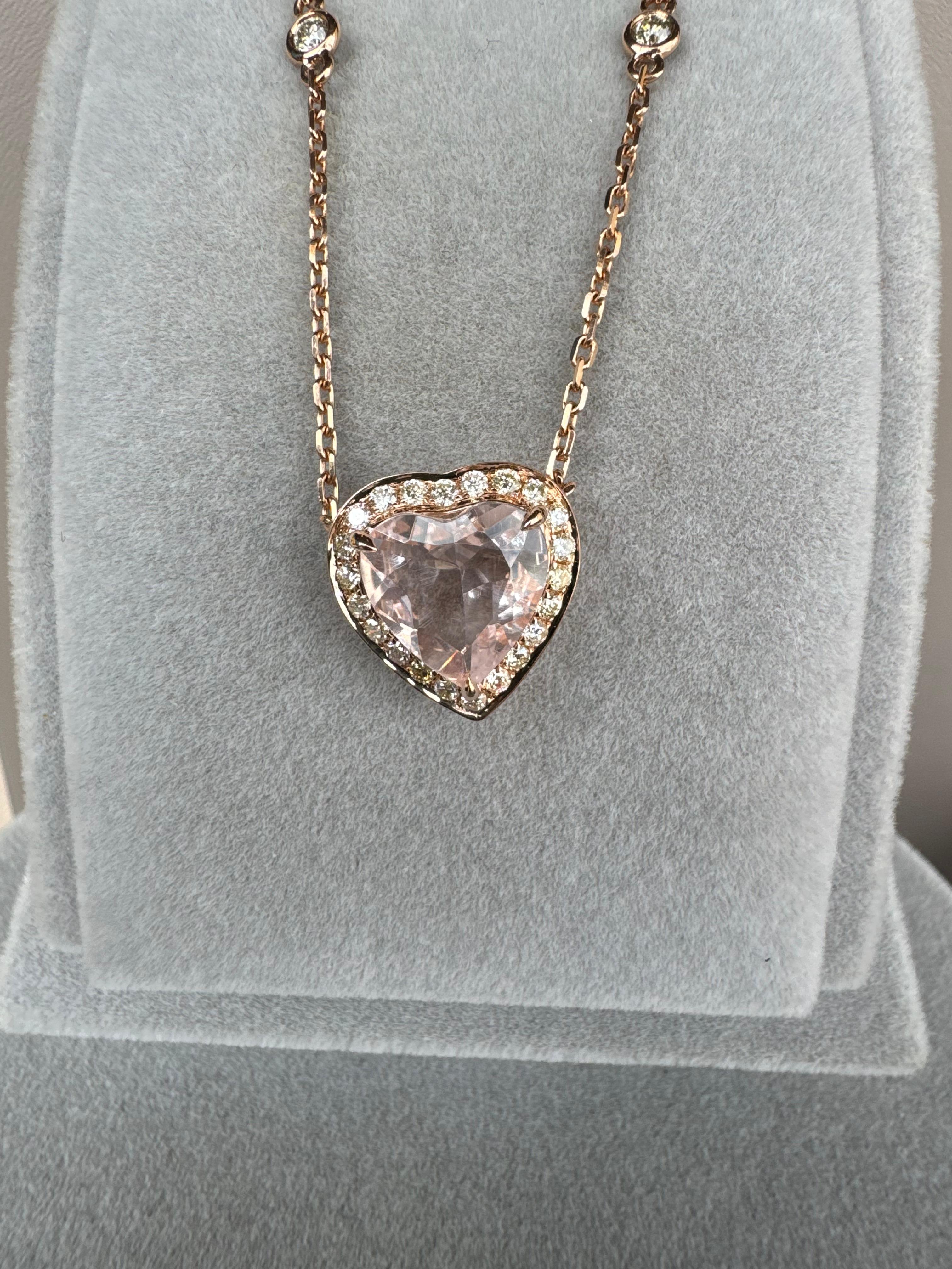 Pink Rose Quartz Heart Shape Cut Diamond Halo 18K Rose Gold Pendant Necklace For Sale 9