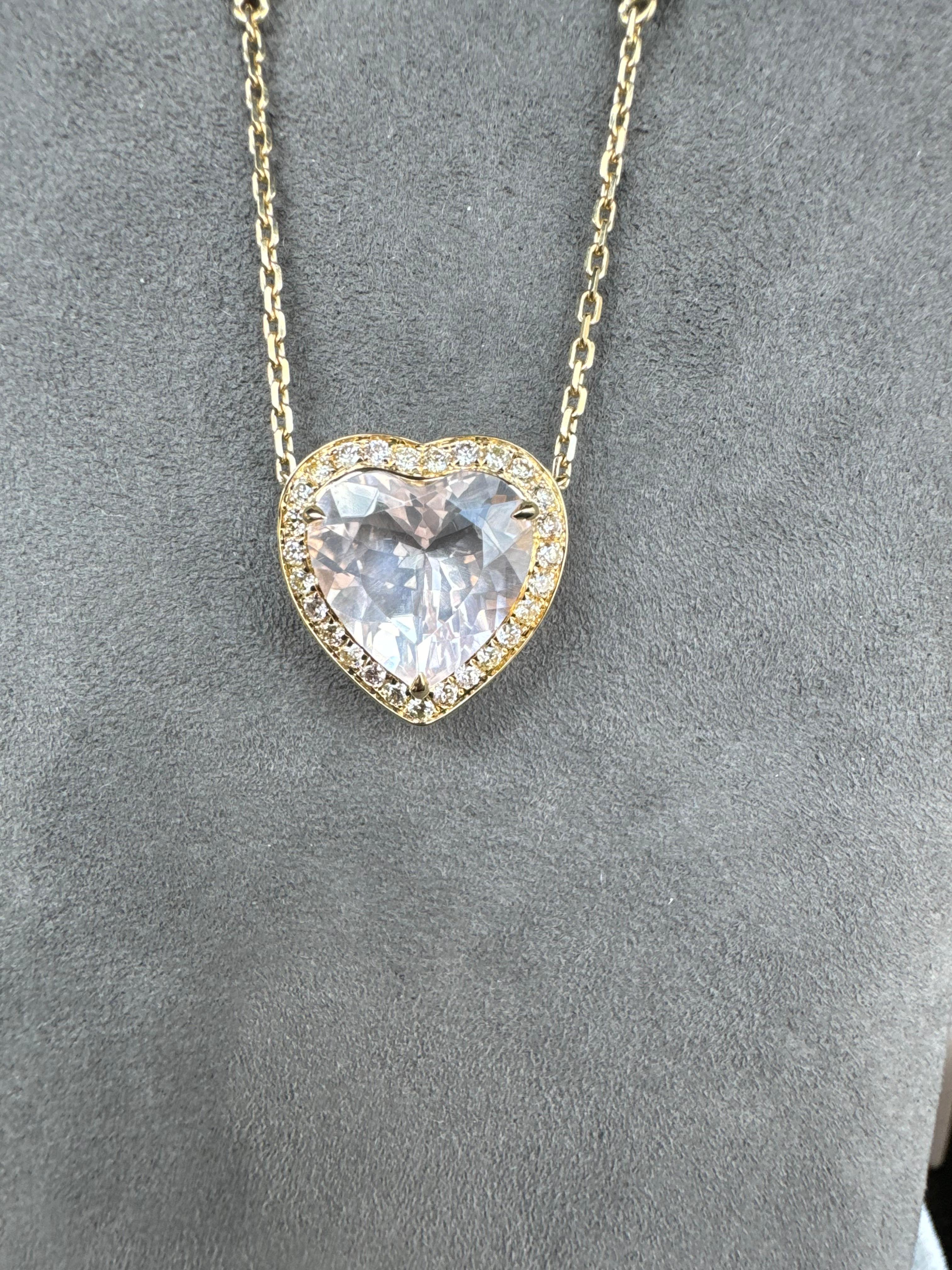 Pink Rose Quartz Heart Shape Cut Diamond Halo 18K Rose Gold Pendant Necklace For Sale 10
