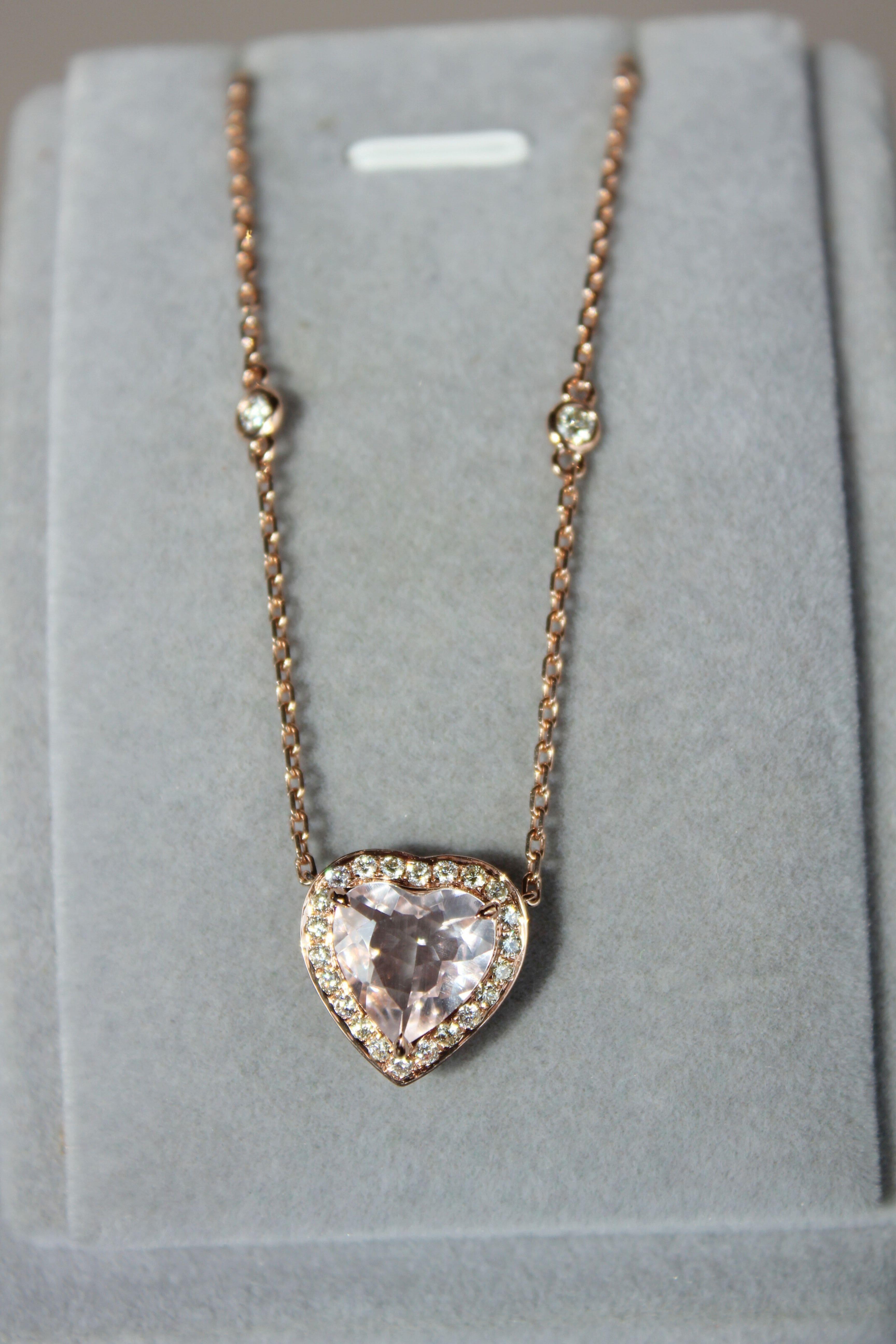 Pink Rose Quartz Heart Shape Cut Diamond Halo 18K Rose Gold Pendant Necklace For Sale 11