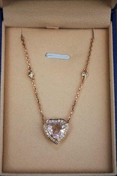 Pink Rose Quartz Heart Shape Cut Diamond Halo 18K Rose Gold Pendant Necklace