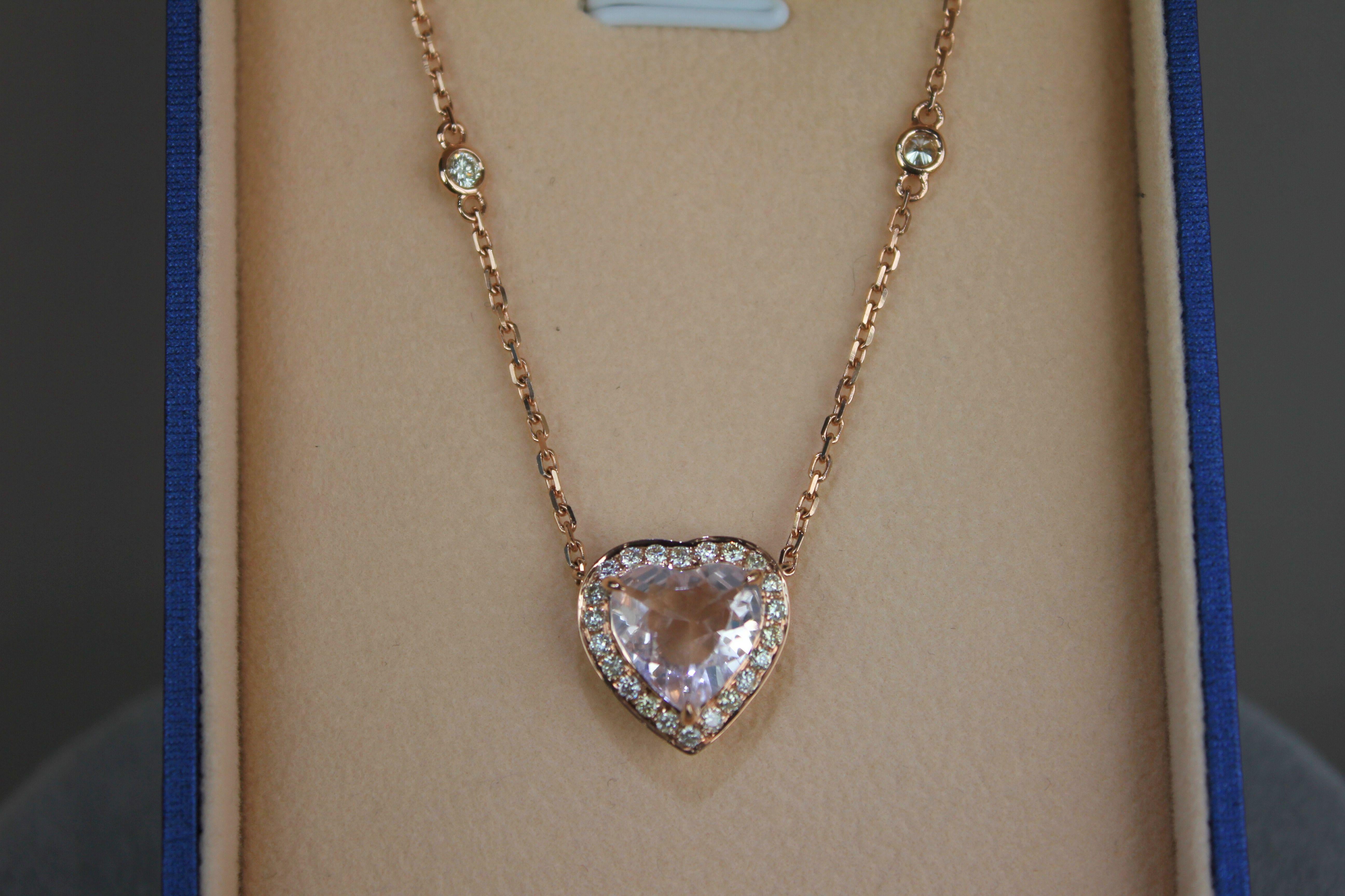 Modern Pink Rose Quartz Heart Shape Cut Diamond Halo 18K Rose Gold Pendant Necklace For Sale