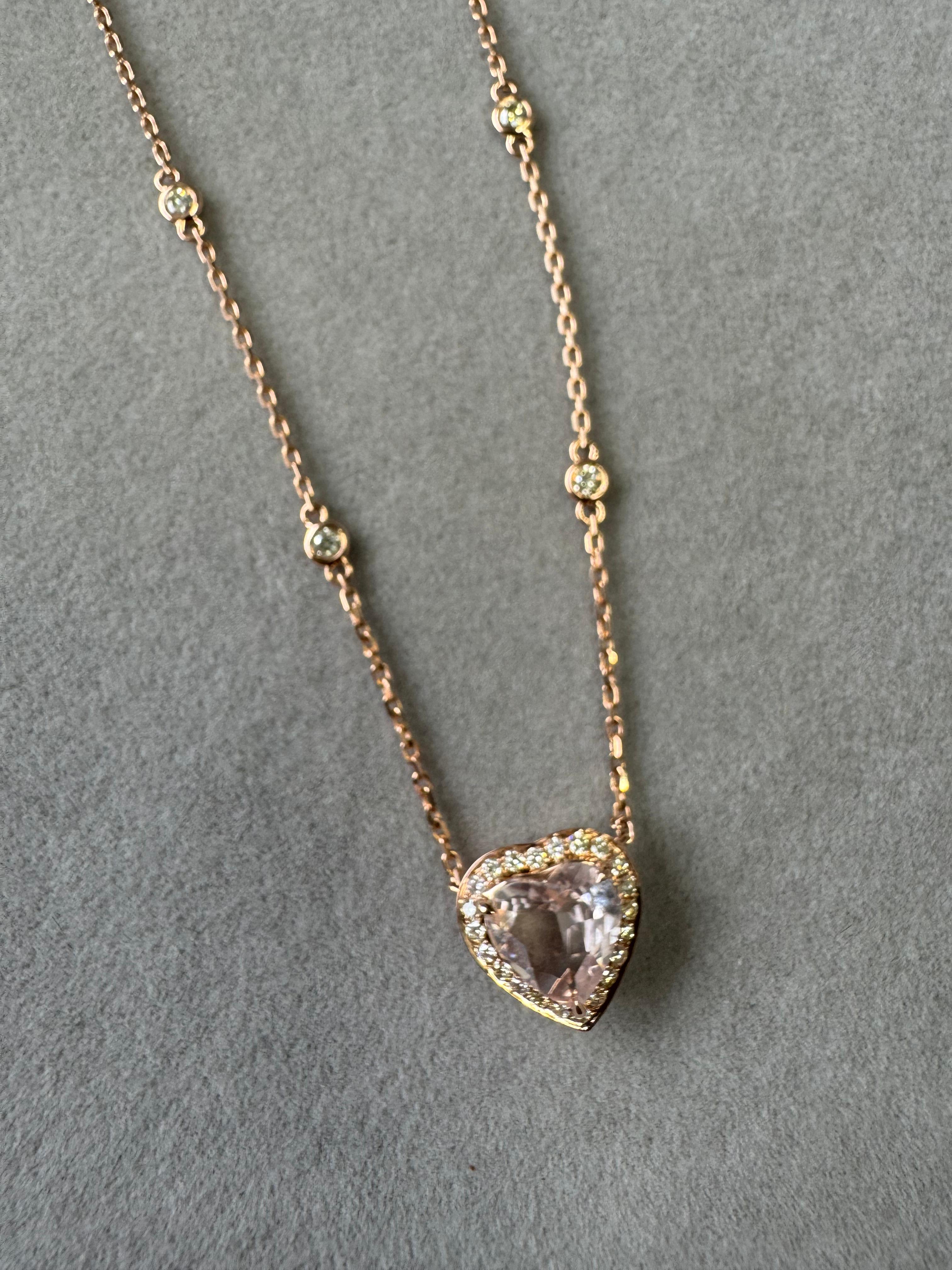 Pink Rose Quartz Heart Shape Cut Diamond Halo 18K Rose Gold Pendant Necklace In New Condition For Sale In Oakton, VA