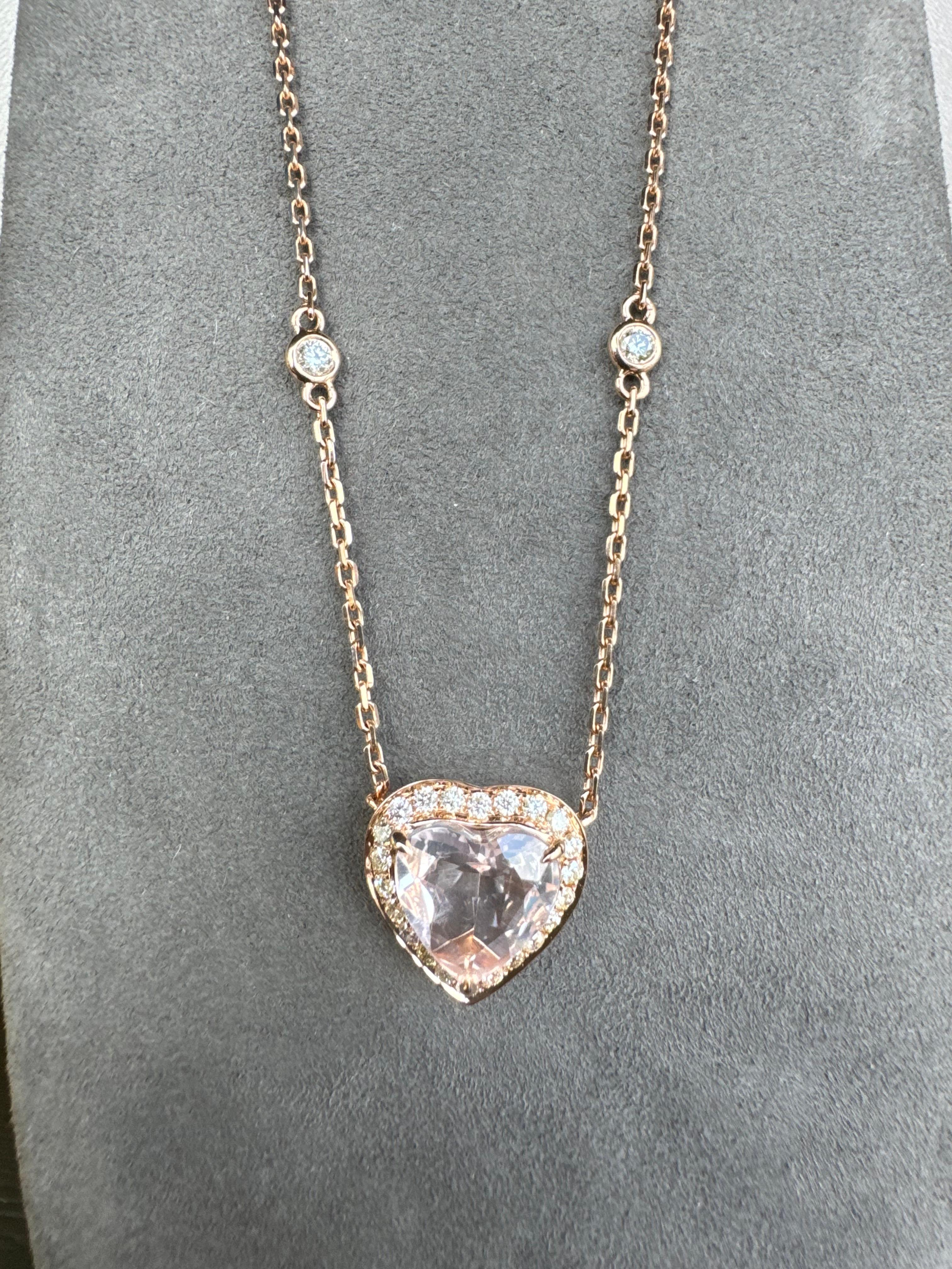 Women's or Men's Pink Rose Quartz Heart Shape Cut Diamond Halo 18K Rose Gold Pendant Necklace For Sale