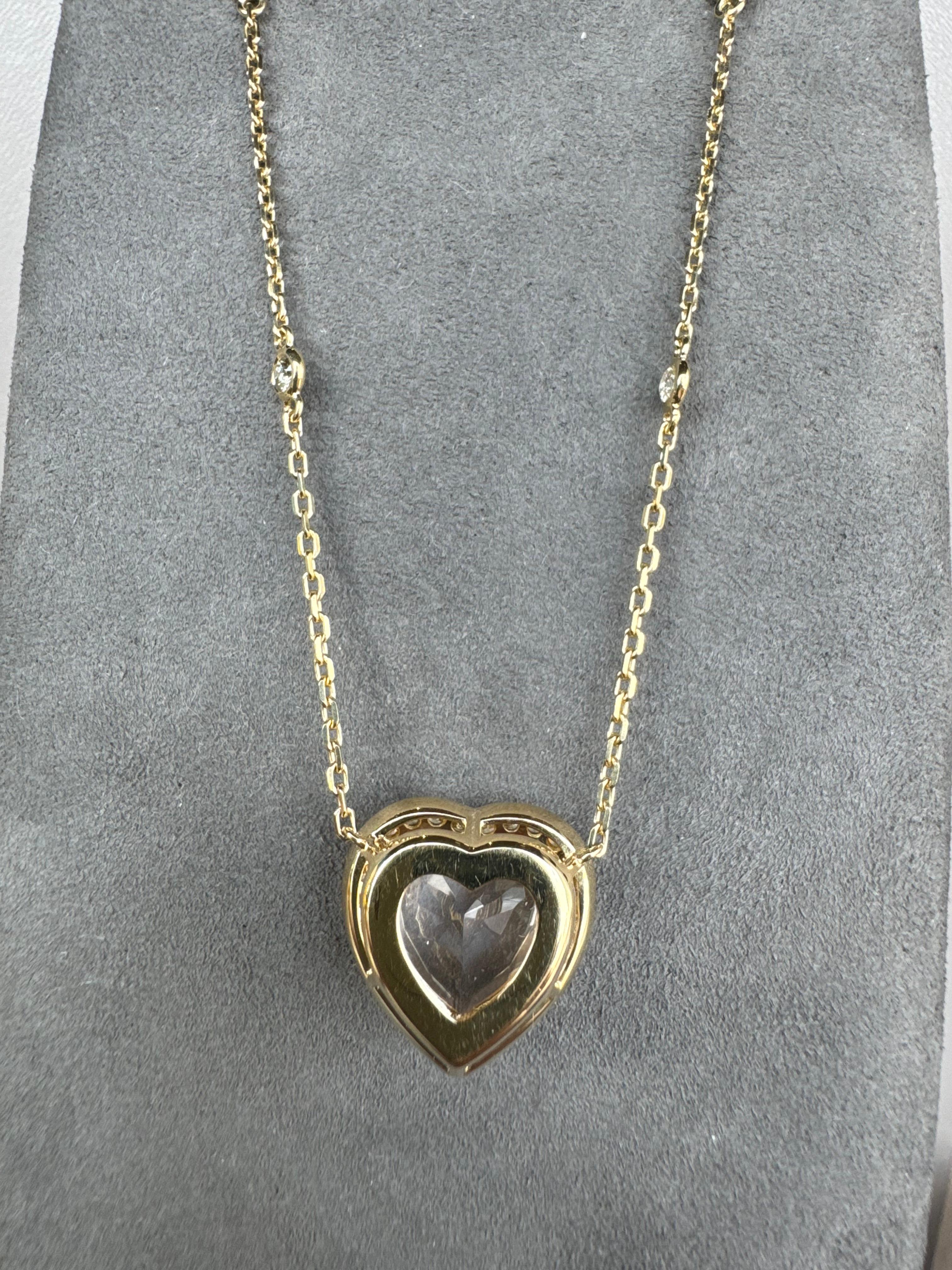 Pink Rose Quartz Heart Shape Cut Diamond Halo 18K Rose Gold Pendant Necklace For Sale 1
