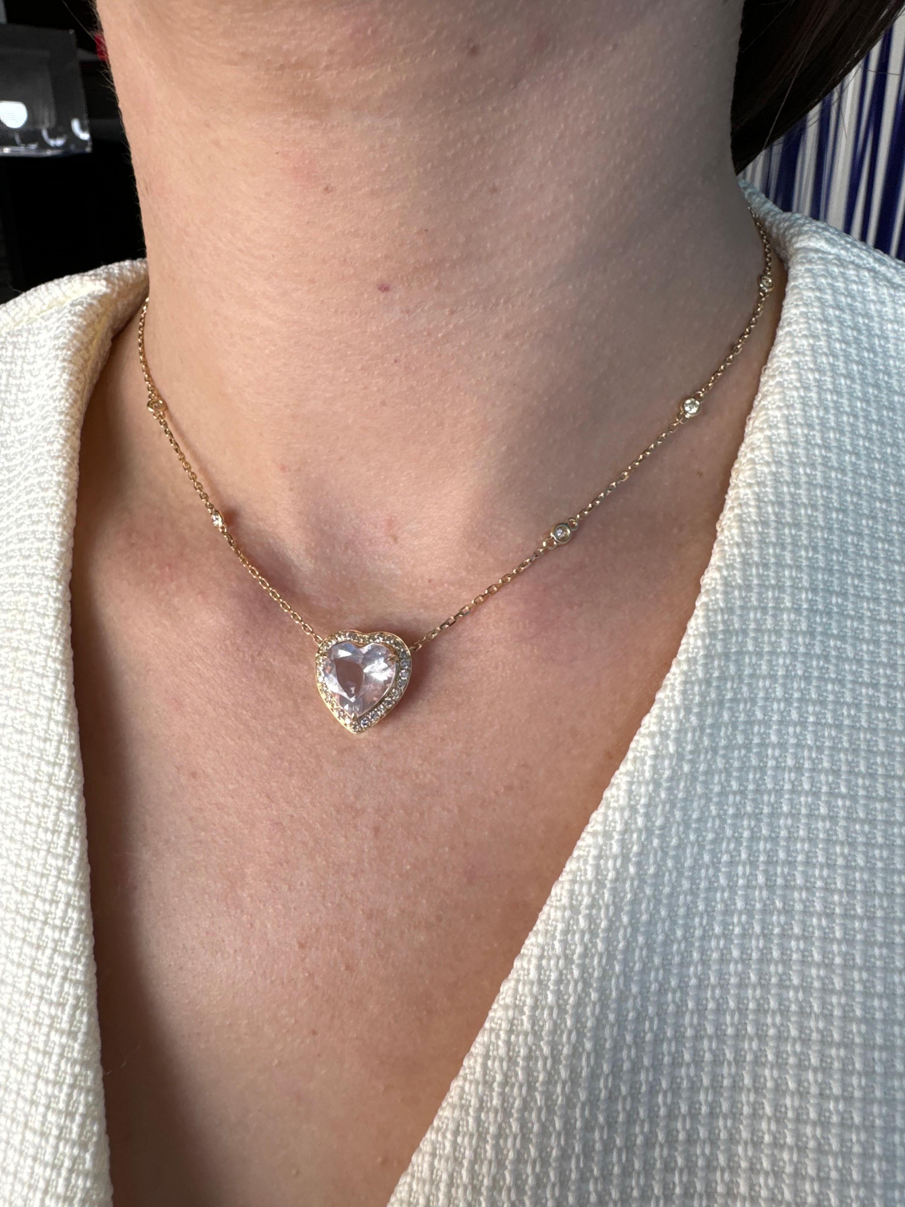 Pink Rose Quartz Heart Shape Cut Diamond Halo 18K Rose Gold Pendant Necklace For Sale 2