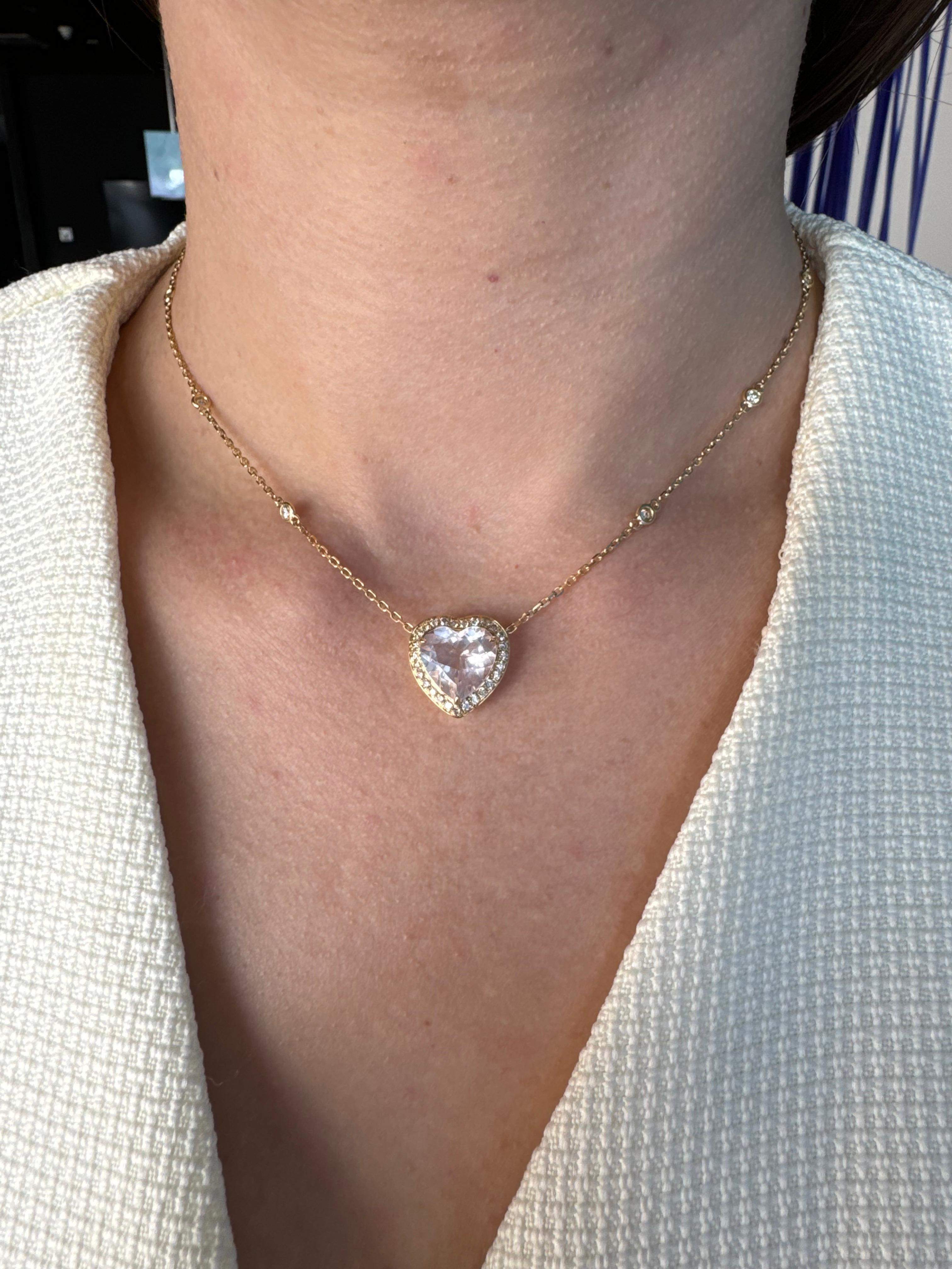 Pink Rose Quartz Heart Shape Cut Diamond Halo 18K Rose Gold Pendant Necklace For Sale 3