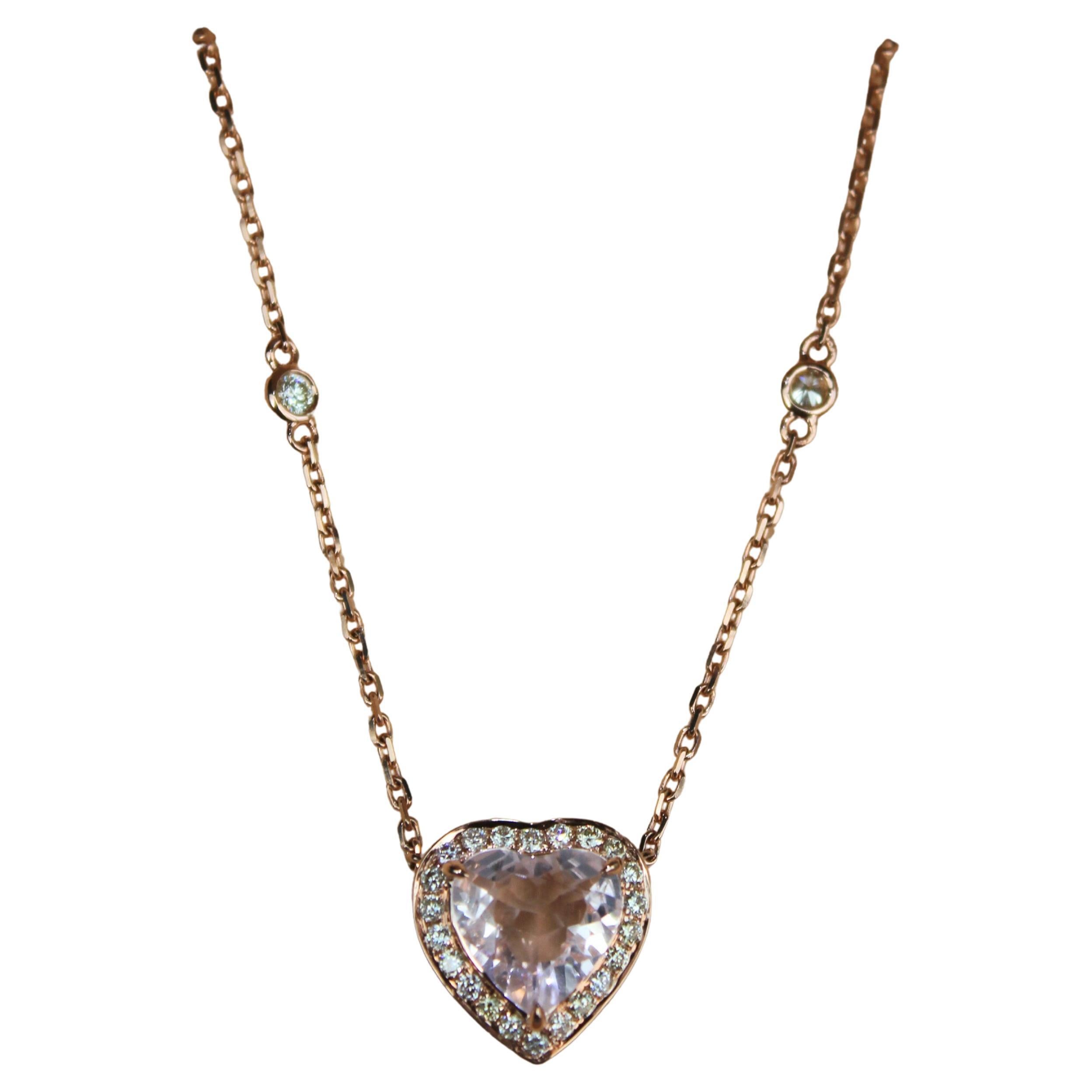 Pink Rose Quartz Heart Shape Cut Diamond Halo 18K Rose Gold Pendant Necklace For Sale