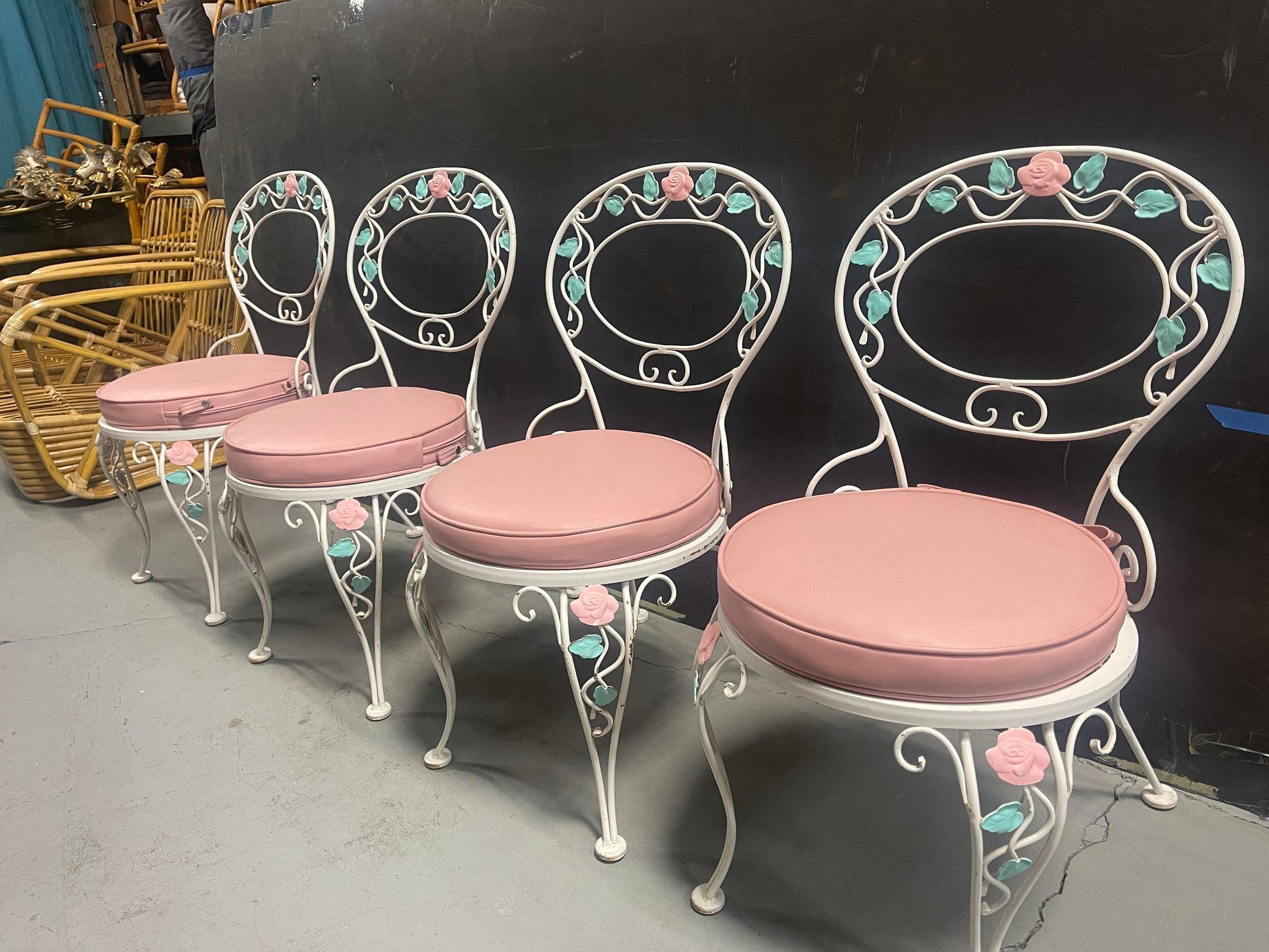 Pink Rose White Iron Garden Table and Chairs Set For Sale 12