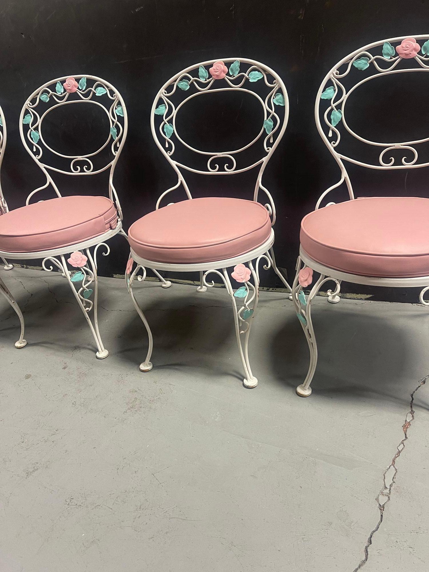 Pink Rose White Iron Garden Table and Chairs Set For Sale 13