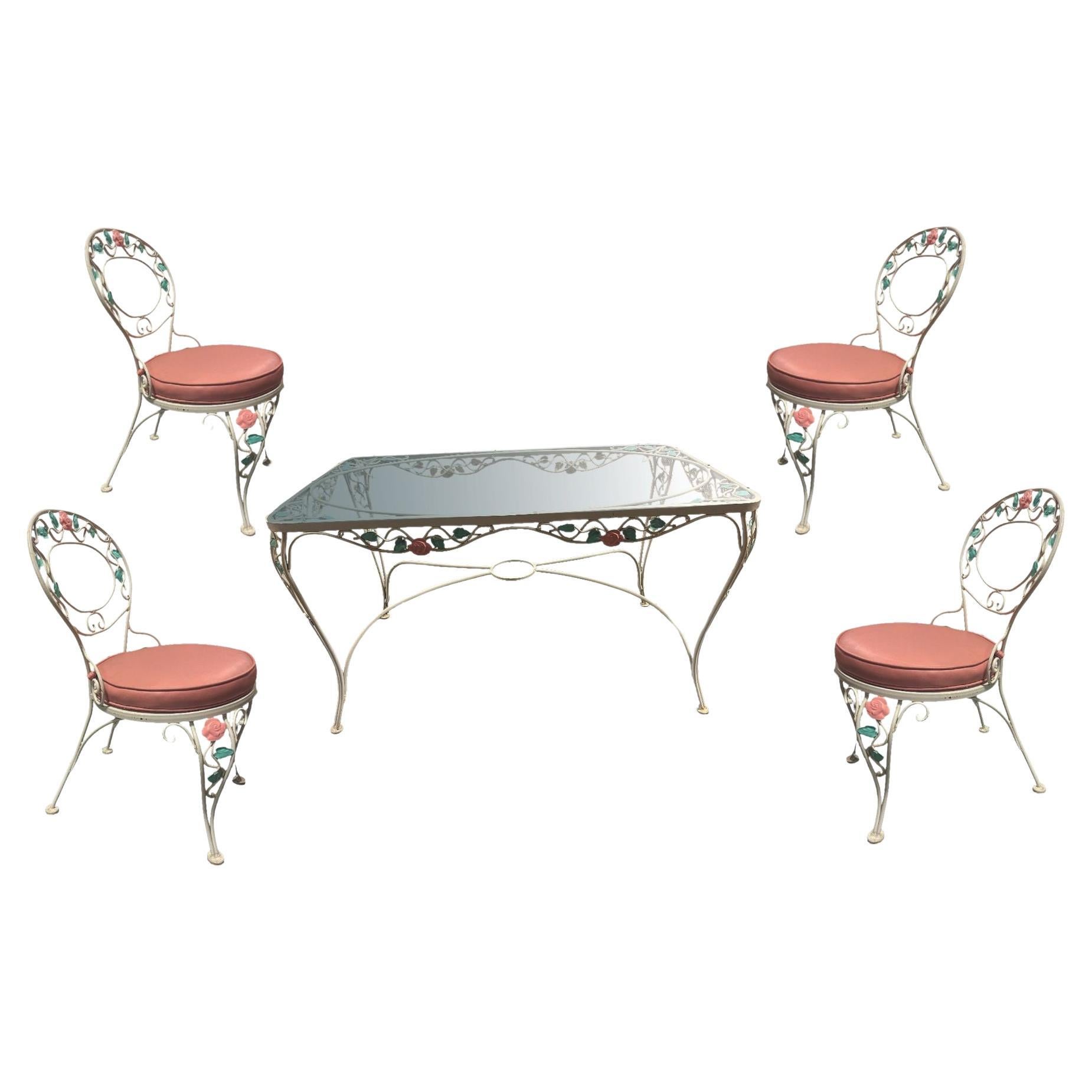 Pink Rose White Iron Garden Table and Chairs Set For Sale