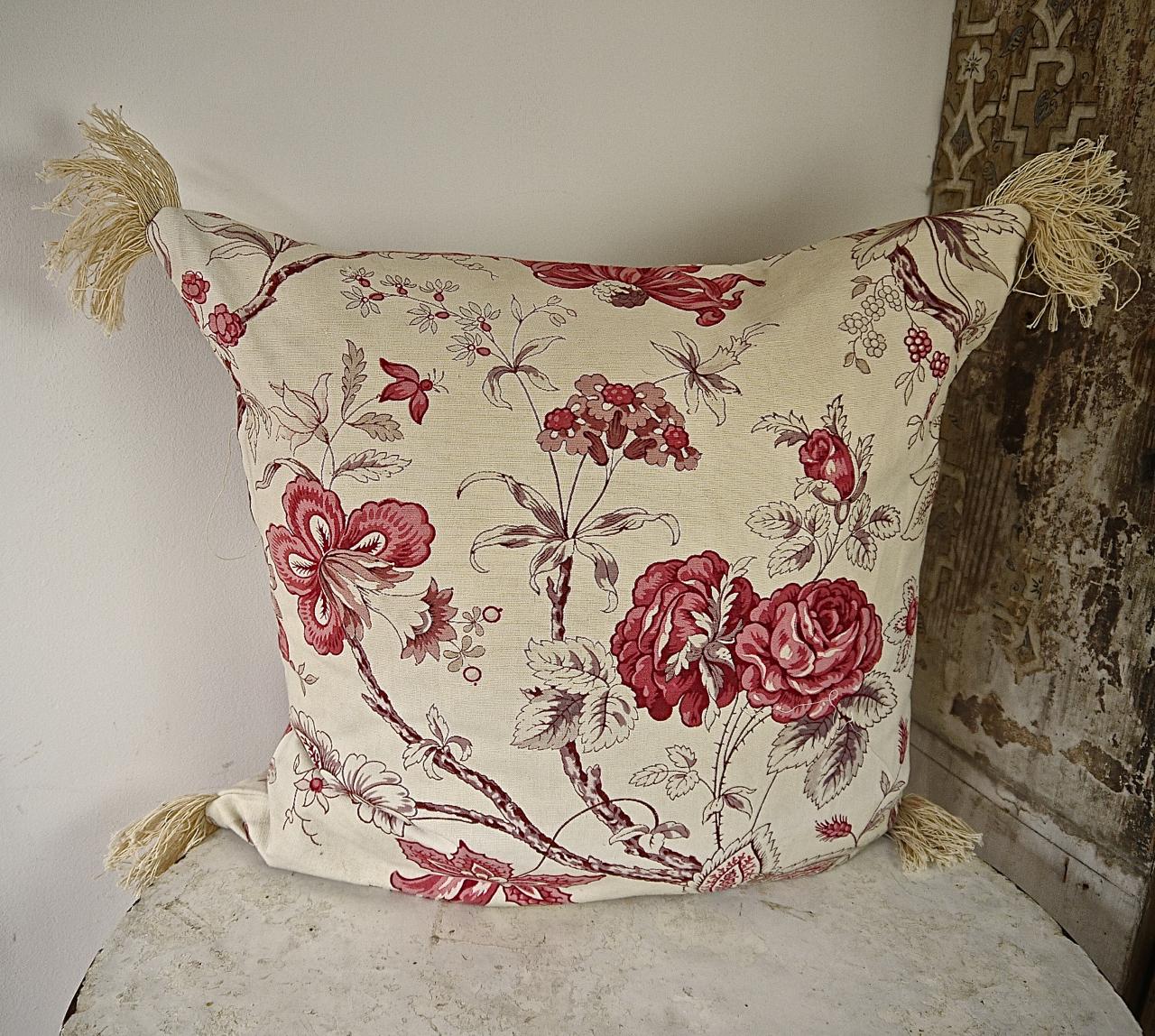French Provincial Pink Roses and Flowers Cotton Cushion, French, Early 20th Century